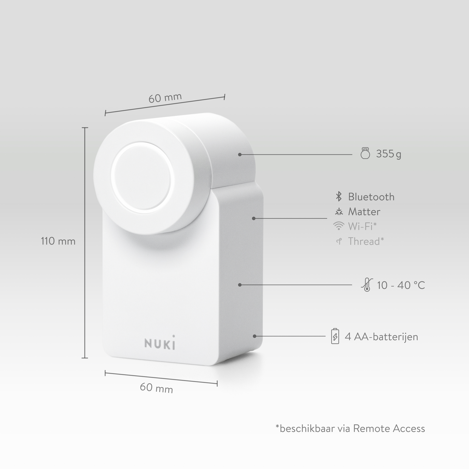 Wit Nuki-apparaat met afmetingen, gewicht en technische specificaties zoals Bluetooth, Wi-Fi, Matter, Thread, temperatuurbereik en batterijtype.
