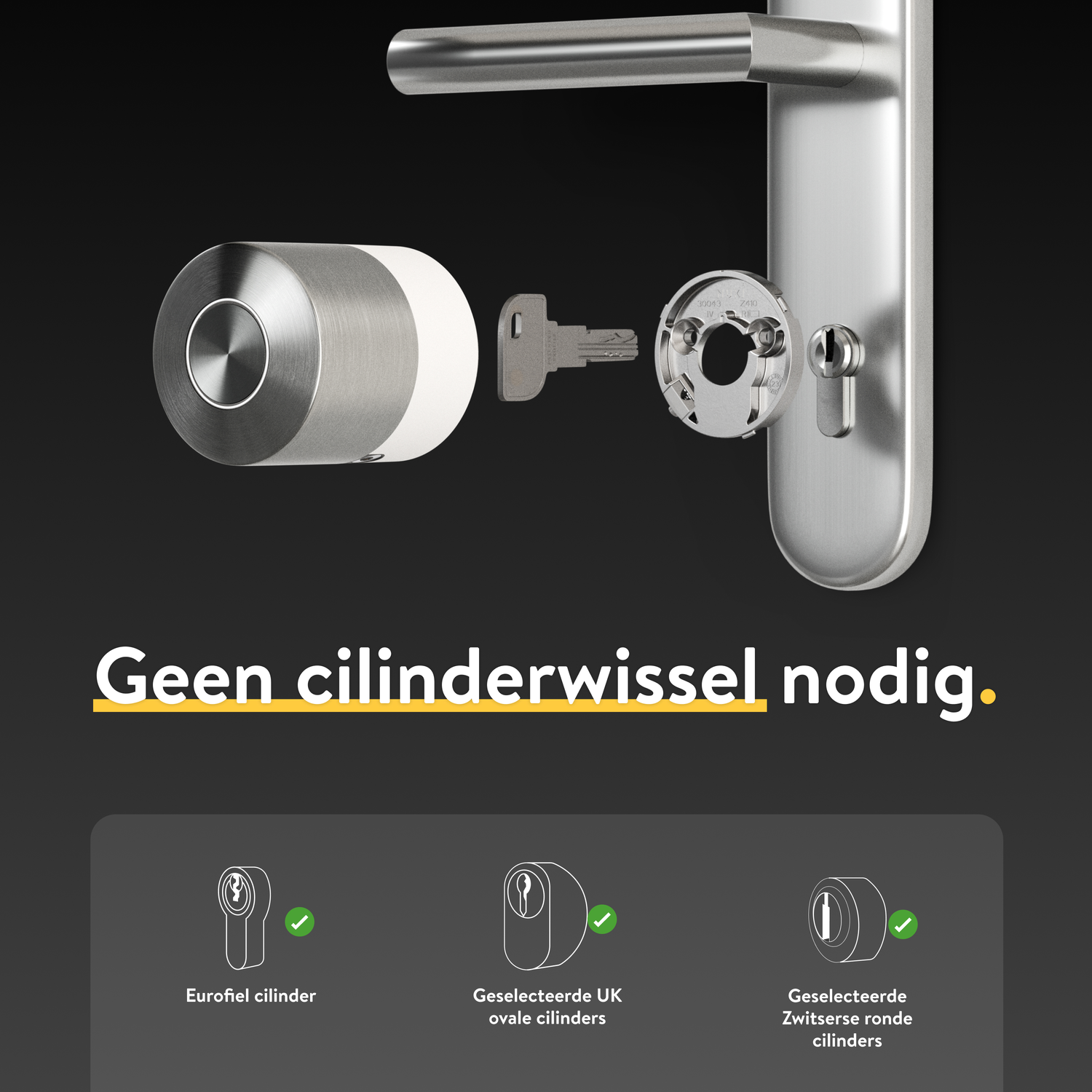 Diagram van deurbeslag. Inclusief slot, sleutel en handvat, met tekst 'Geen cilinderwissel nodig'.