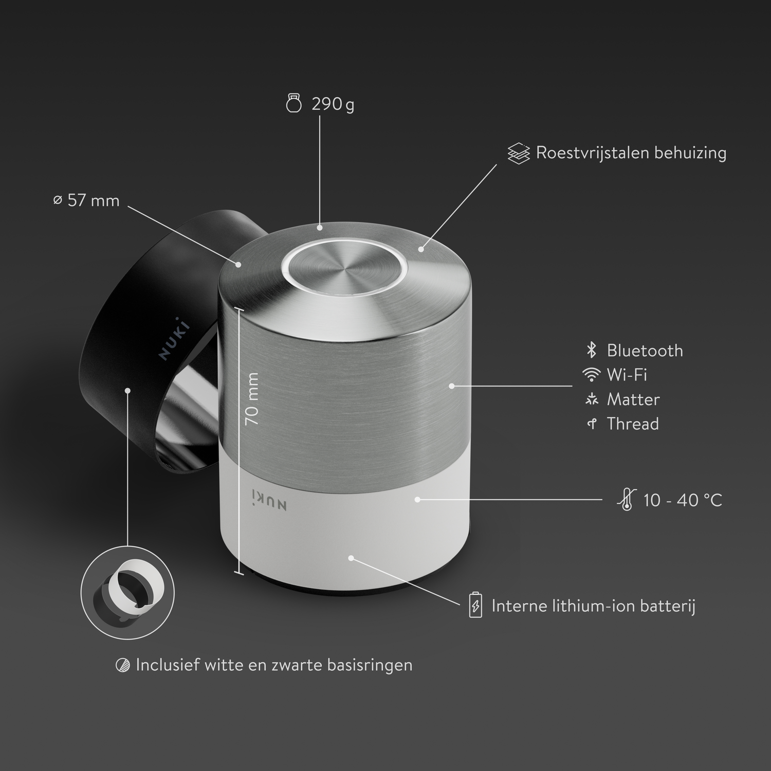 Een cilindrisch slim slot met zwarte ring en witte basis. Tekst toont de functies en specificaties.