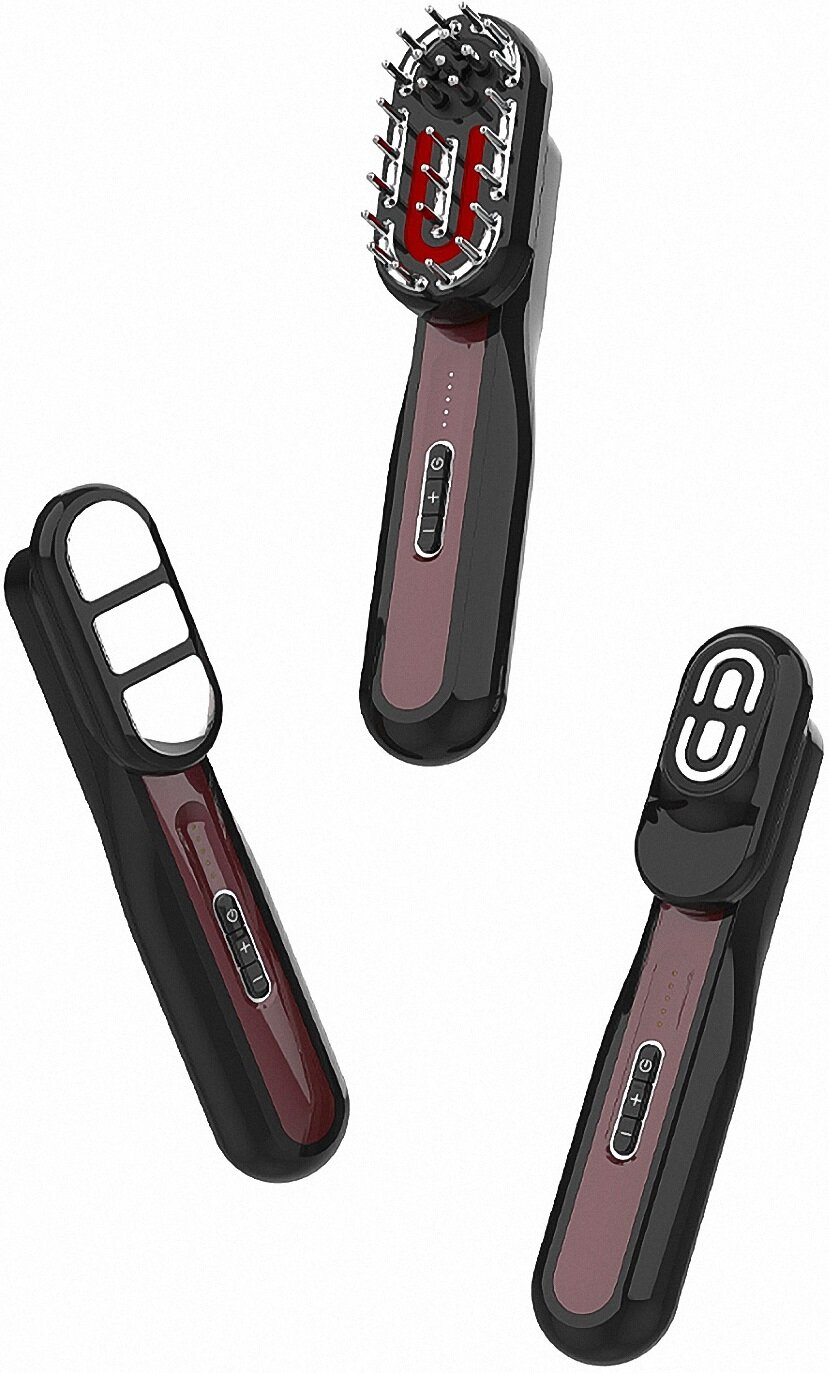 Trzy różne urządzenia do wzrostu włosów. Dwa są czarne z czerwonymi akcentami. Jeden jest biały i ma przyciski.