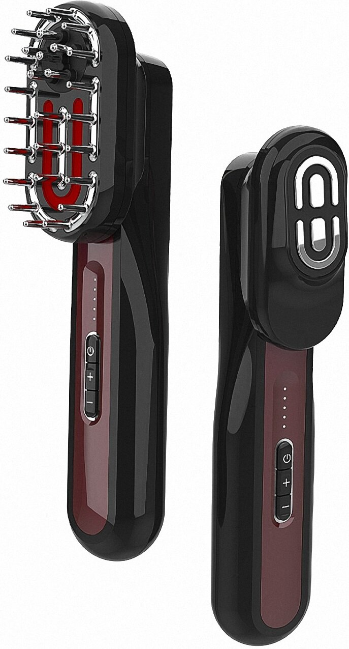 Dwa urządzenia do wzrostu włosów, jedno z diodami LED, drugie z innym designem głowicy. Oba są czarne i czerwone.