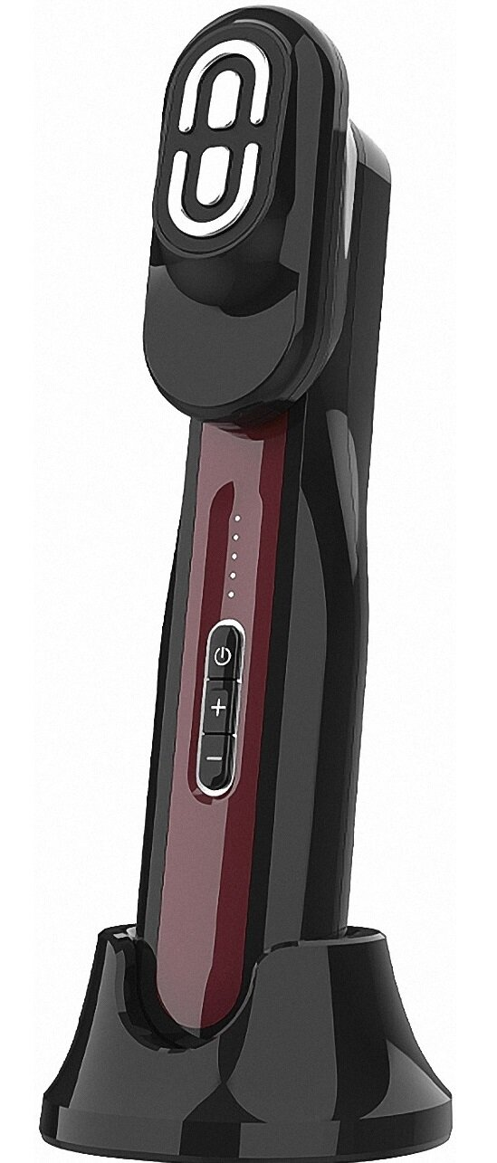 Urządzenie do wzrostu włosów na czarnym stojaku. Jest czarne i czerwone z przyciskami sterowania. Białe tło.