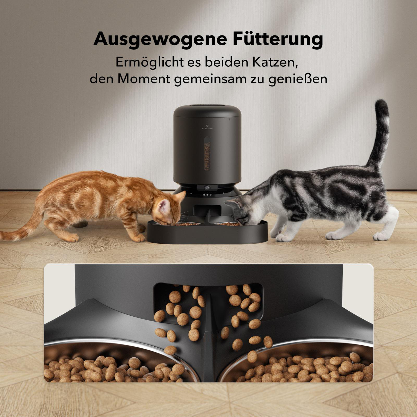 Zwei Katzen, die aus Schalen fressen. Schwarzer Haustierfutterautomat in der Mitte. Futter ist in den Schalen sichtbar.