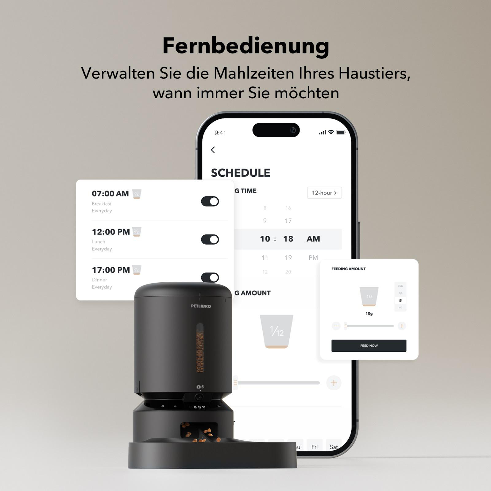 Haustierfutterautomat und Telefon mit Zeitplanschnittstelle. Zeigt Fütterungszeiten und Futtermenge.