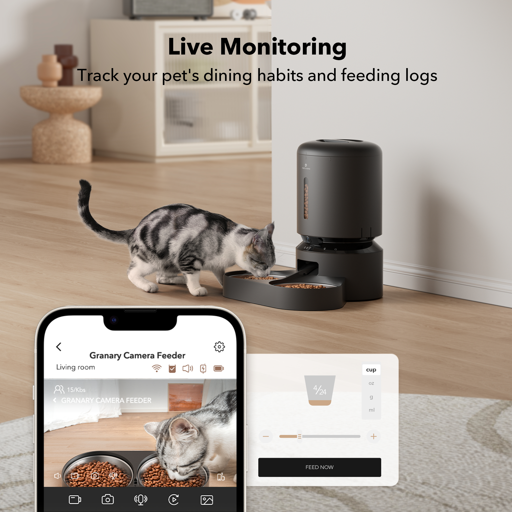 Eine Katze, die von einem Futterautomaten frisst, ein Telefon zeigt den Live-Feed und zeigt die Katze beim Fressen und die Fütterungsprotokolle.