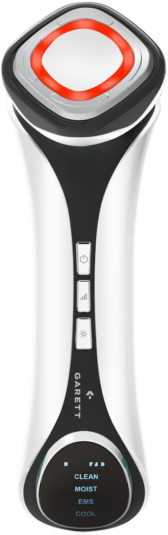 Biało-czarne urządzenie kosmetyczne z czerwonym podświetleniem, przyciskami i wyświetlaczem trybów: CLEAN, MOIST, EMS, COOL.