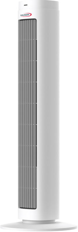 Fehér toronyventilátor. Szürke szellőző rész. HAUSER logó. Hengeres talp. Modern design. Fehér háttérrel izolálva.