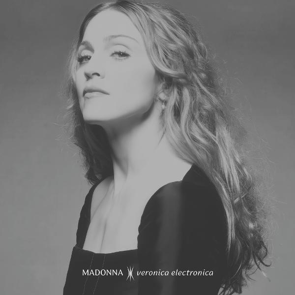 Madonna-Albumcover mit einem Schwarz-Weiß-Foto von Madonna in einem schwarzen Kleid.