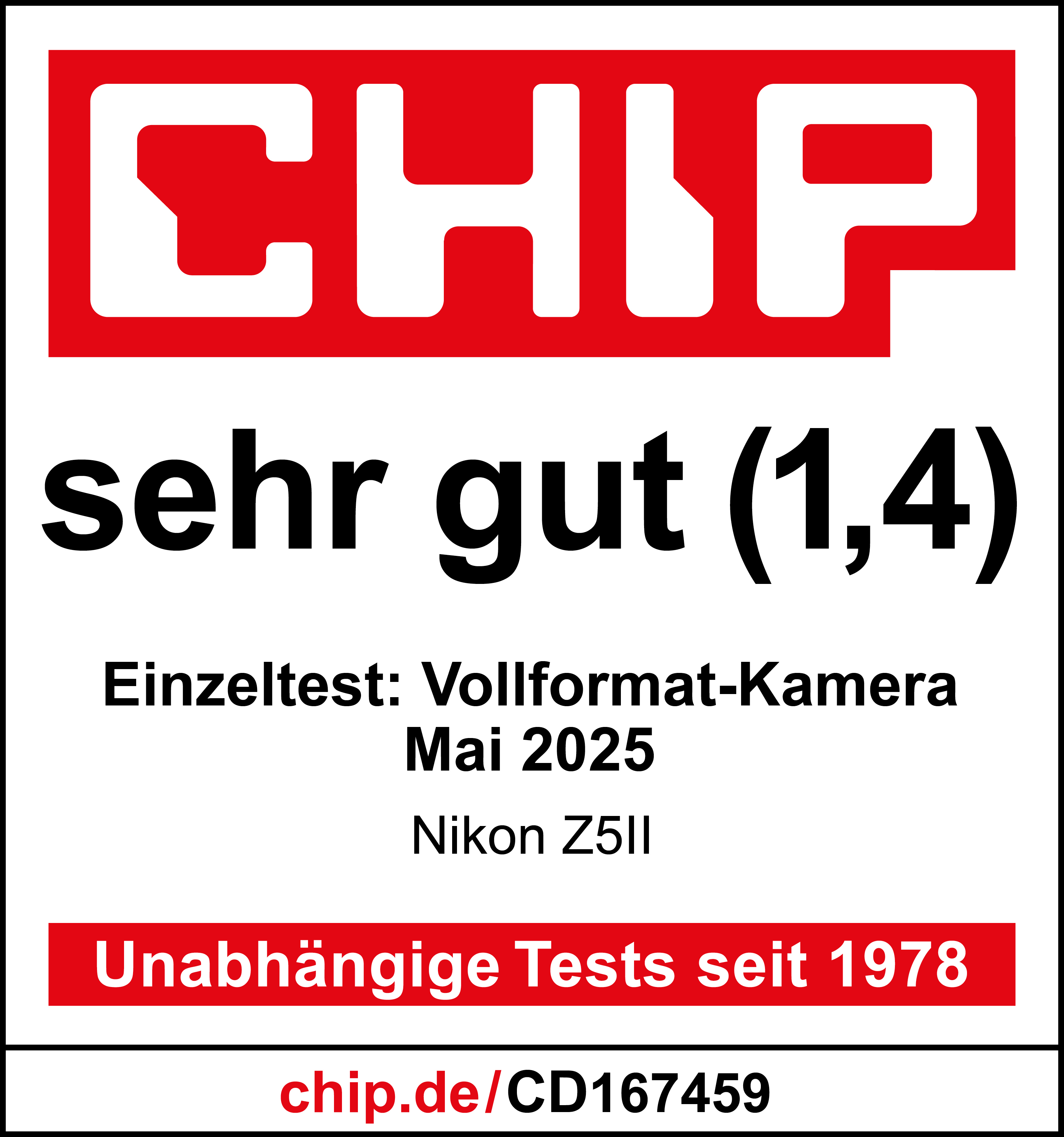 Logo rouge et blanc Chip. Le texte indique 'sehr gut (1,4)' avec les détails de l'appareil photo et le site chip.de.