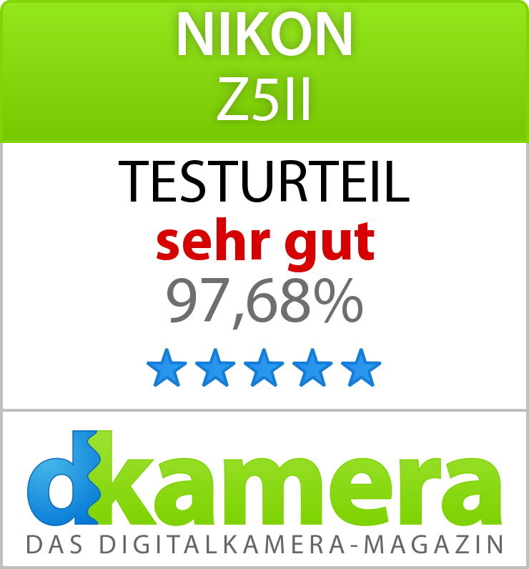 Nikon Z5II très bon résultat de test avec 5 étoiles et logo d-kamera.