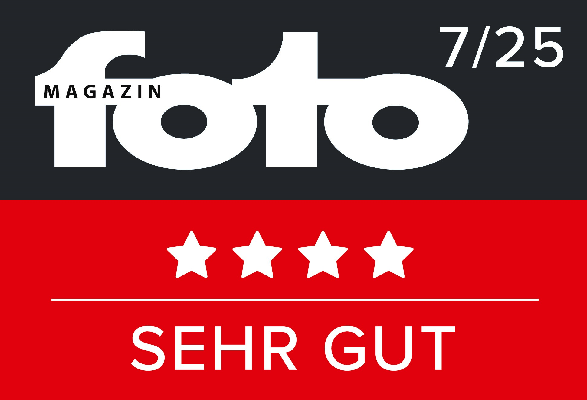 Logo Foto Magazin, 4 étoiles, texte Sehr Gut, palette de couleurs rouge et grise. Contient texte et notation.