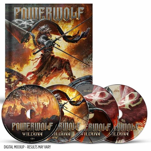 Album cover and CDs. Features wolf-man figure with swords, flag, and flames.