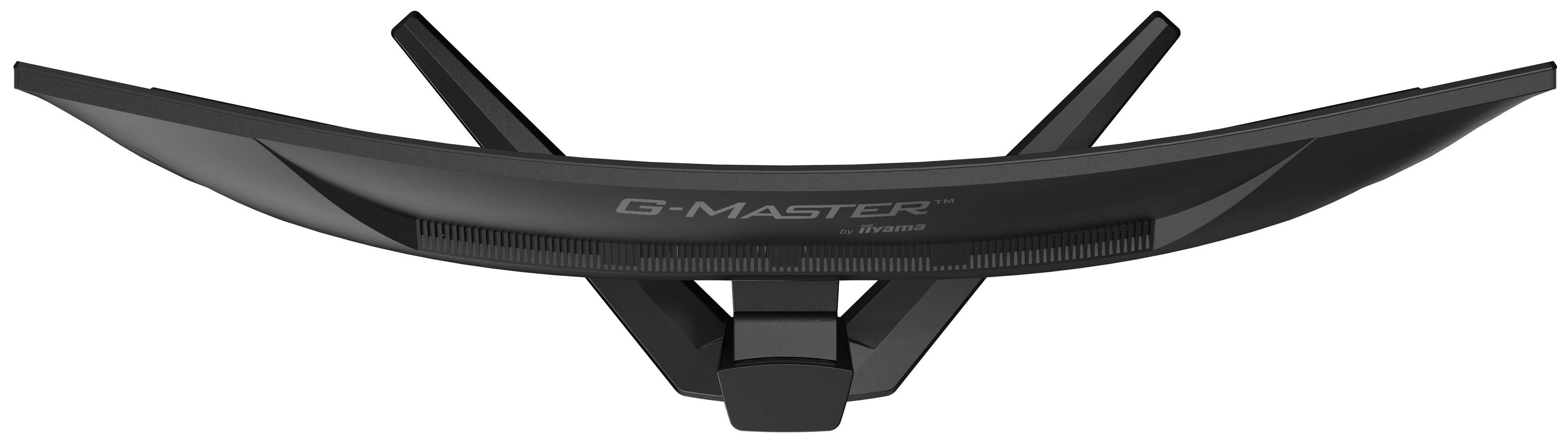 Widok z góry na zakrzywiony czarny monitor ze stojakiem. Marka G-MASTER by iiyama jest widoczna.