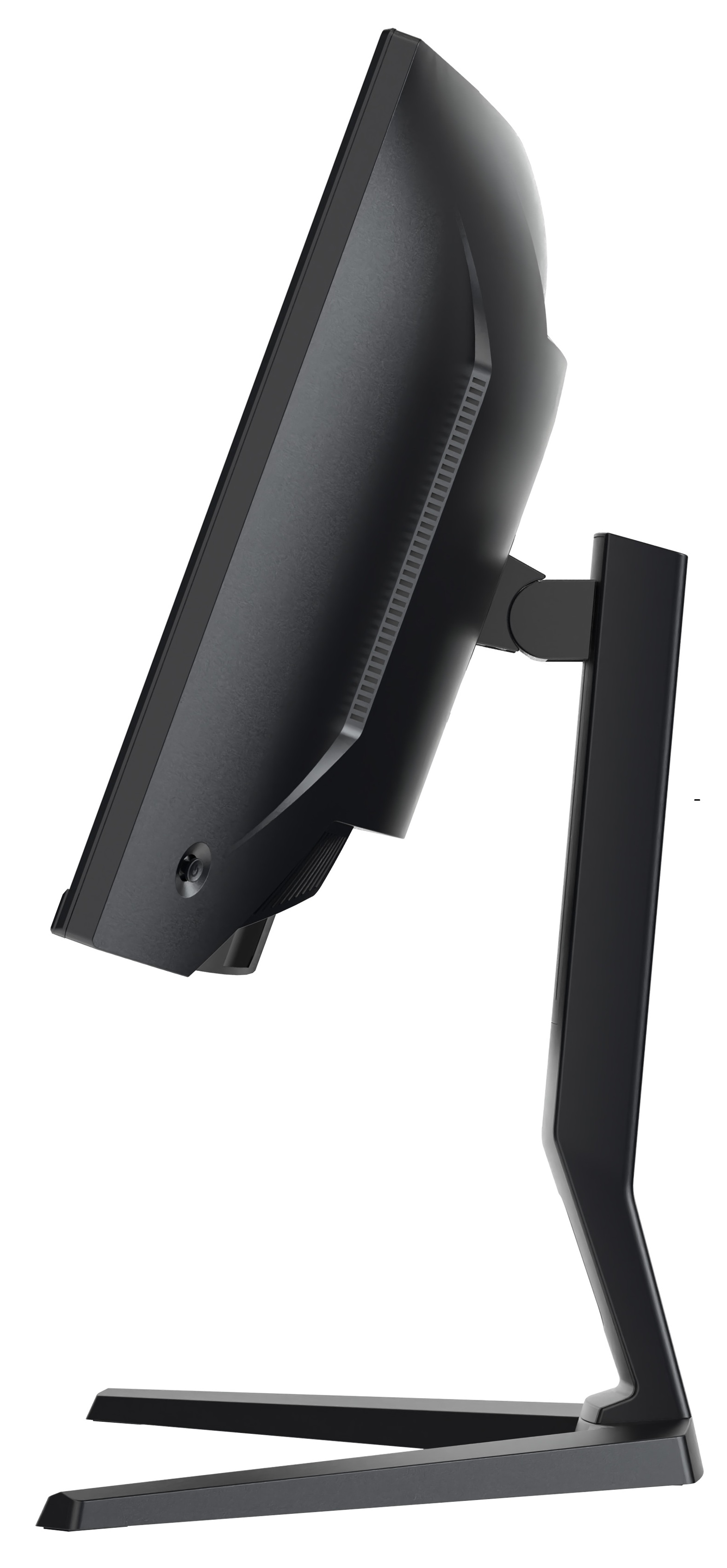 Czarny monitor komputerowy, widok z boku, ze stojakiem. Jest ustawiony pod kątem z białym tłem.