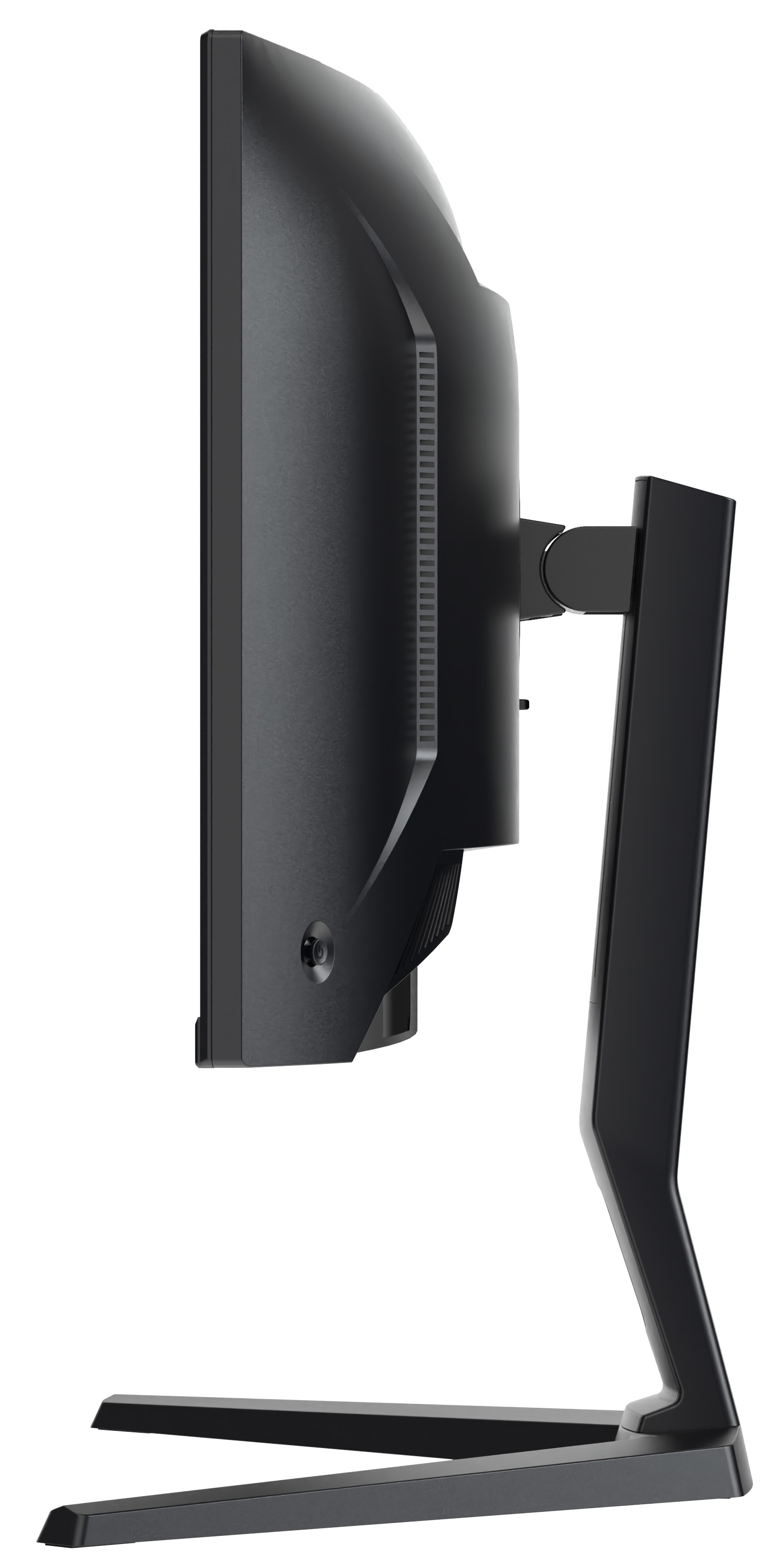 Widok z boku czarnego monitora komputera. Ma podstawę i znajduje się na białym tle.