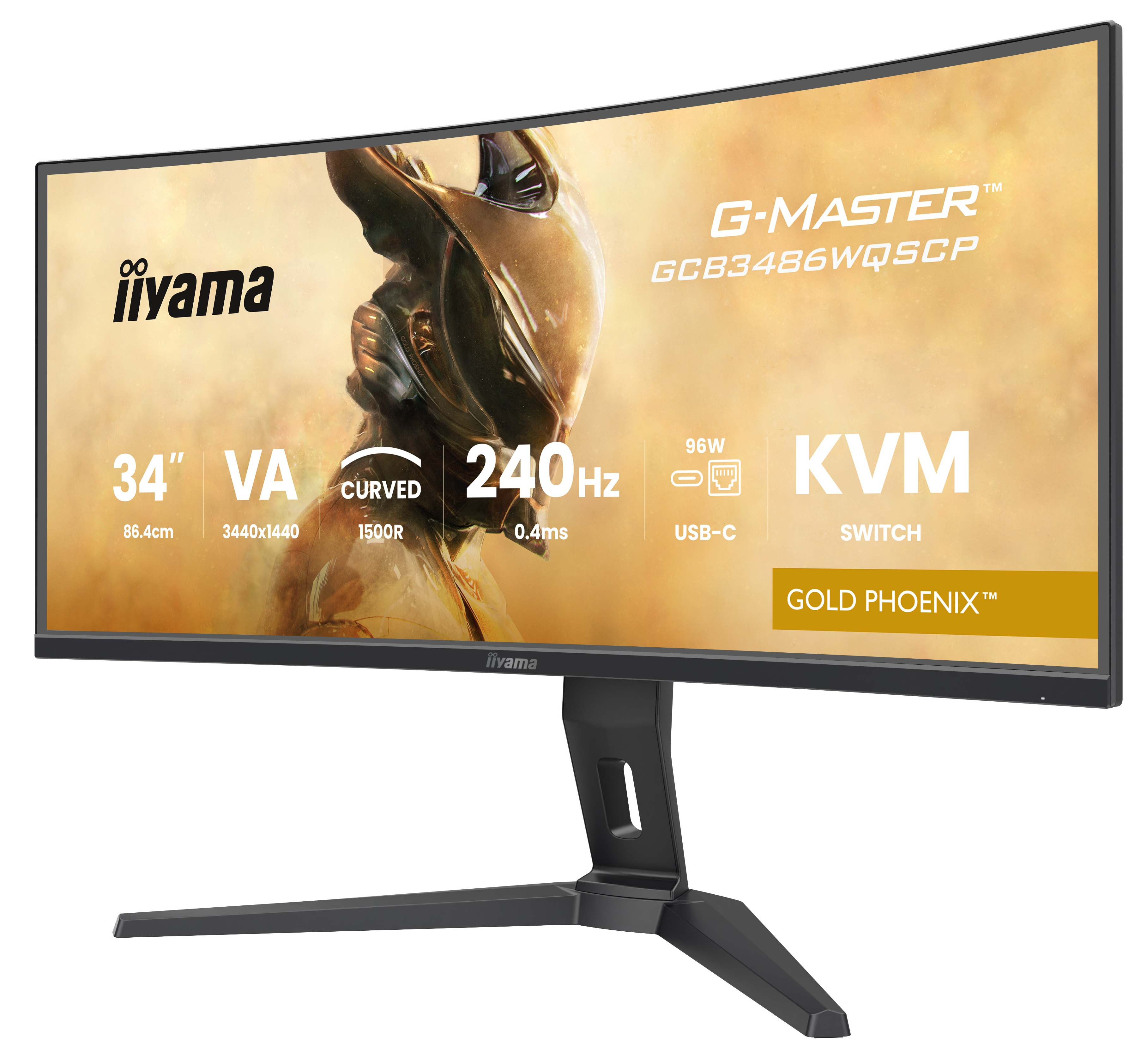 Zakrzywiony monitor iiyama. Specyfikacje obejmują 34" VA, 240Hz i przełącznik KVM. Ma czarną podstawę i złote tło.