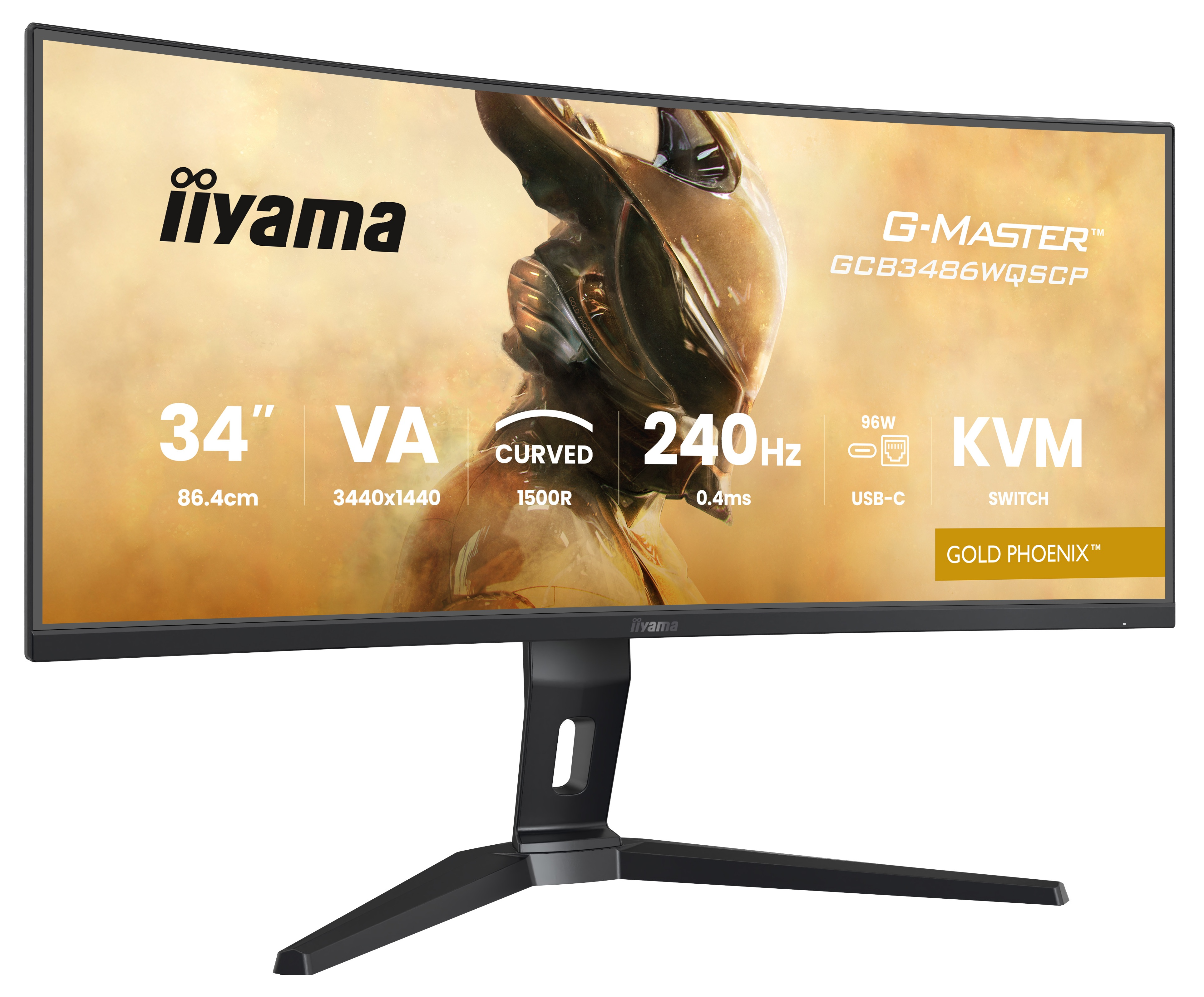 Zakrzywiony monitor Iiyama: 34", 240Hz, VA, KVM, USB-C i marka Gold Phoenix. Czarny stojak i ramka. Złote tło.