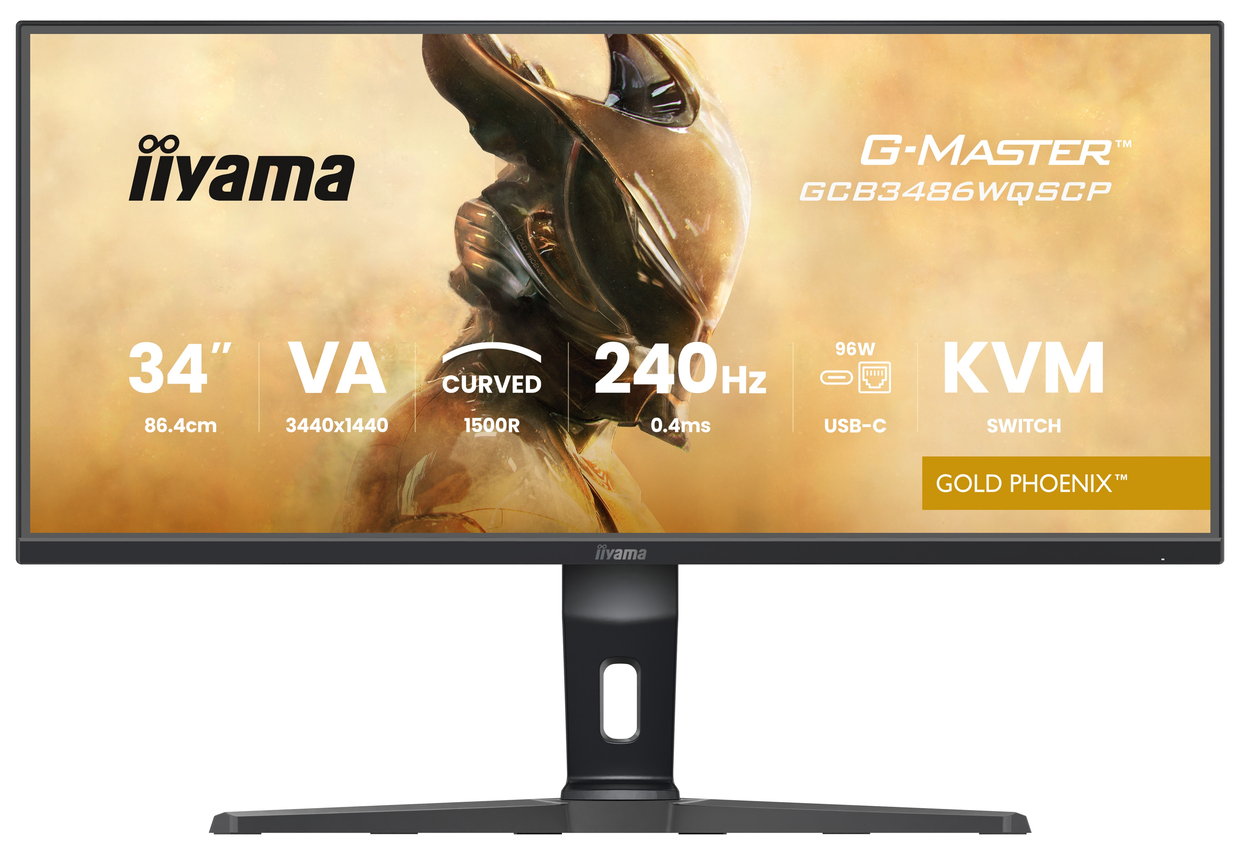 Monitor wyświetla specyfikacje: 34", VA, zakrzywiony, 240Hz, USB-C, KVM i markę iiyama. Tło przedstawia złote dzieło sztuki.