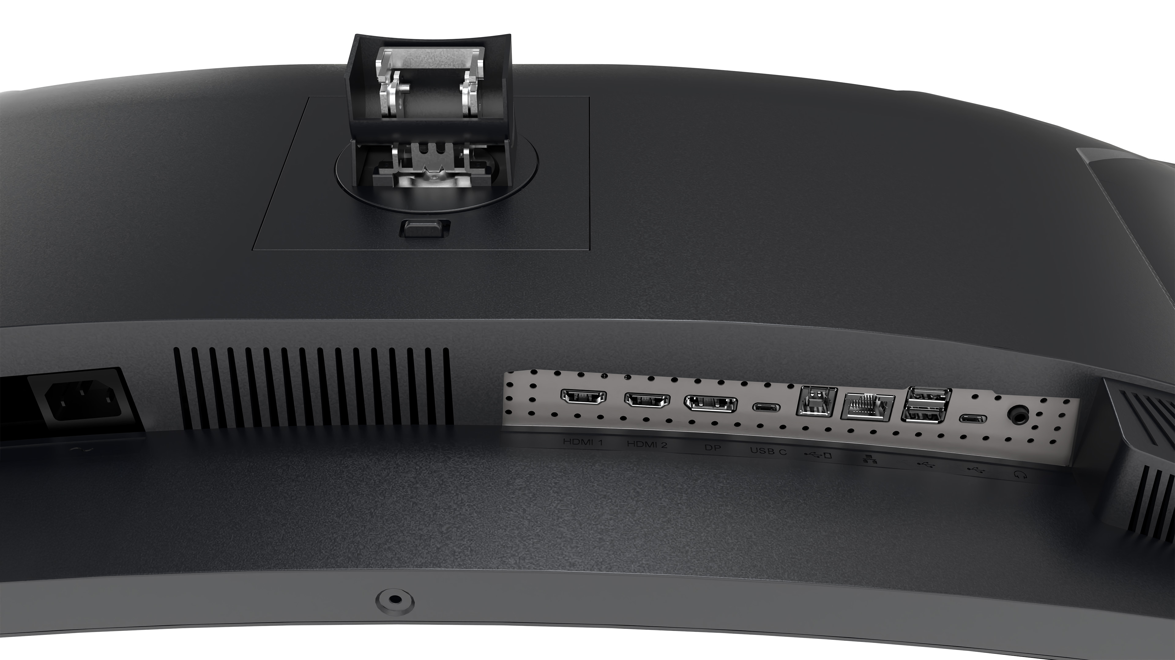 Tył czarnego, zakrzywionego monitora. Widoczne porty: HDMI, DP, USB-C, wejście zasilania i mocowanie.