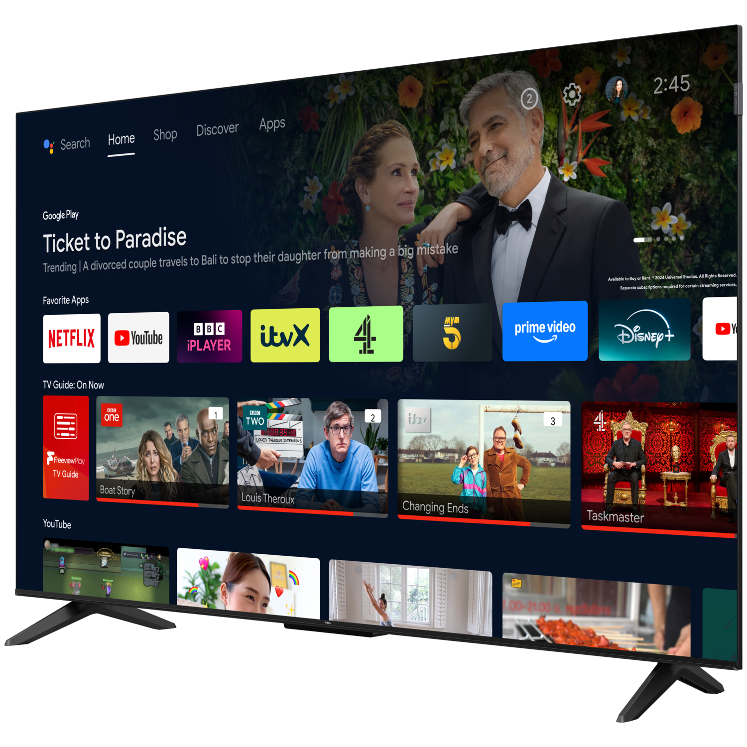 TCL Android TV met Google Play interface. Toont films en tv-programma's met apps zoals Netflix.