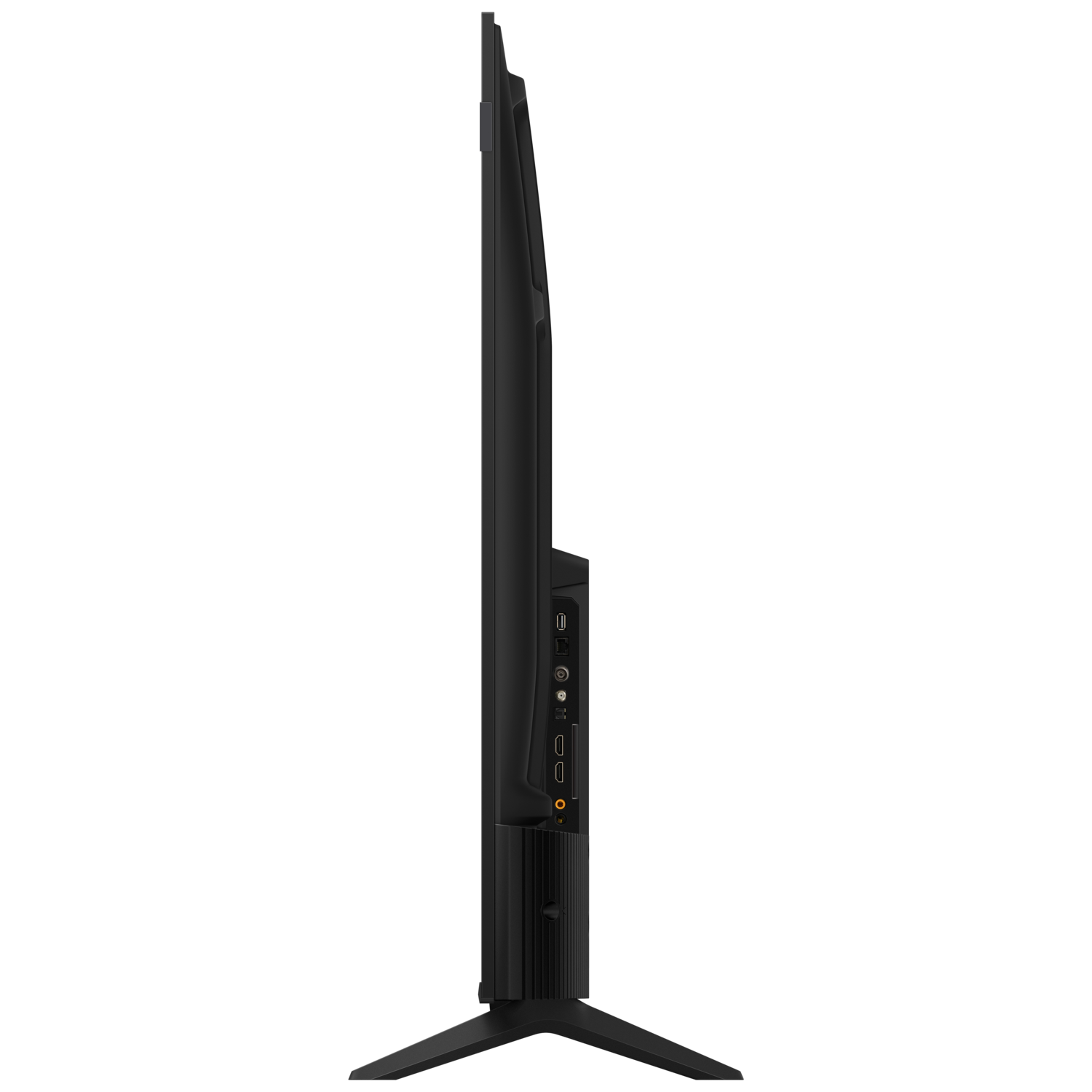 Zijaanzicht van een slanke, zwarte TCL tv. Toont het profiel met poorten en de standaard.