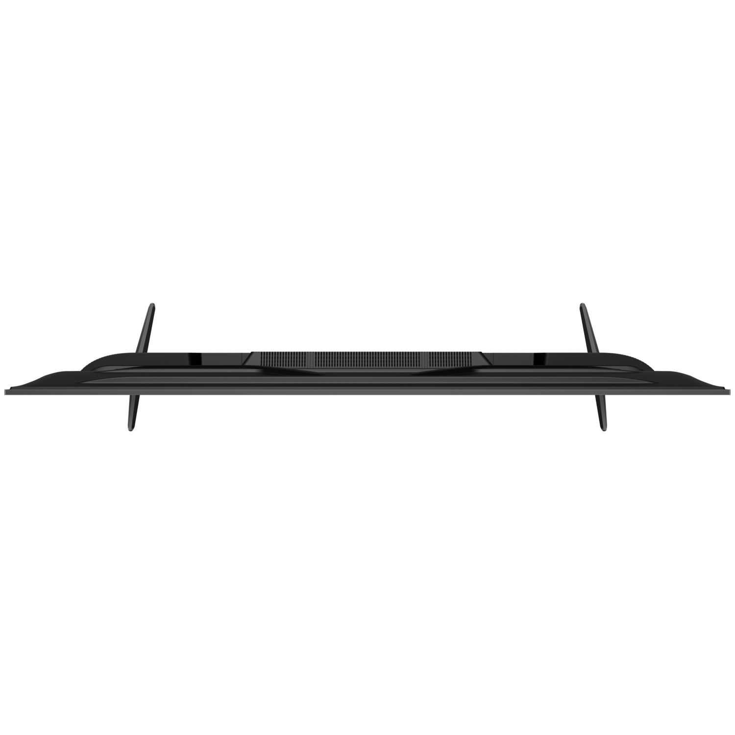 Bovenaanzicht van een zwarte TCL tv. Toont de bovenkant met de standaardbevestigingen en ventilatiegaten.