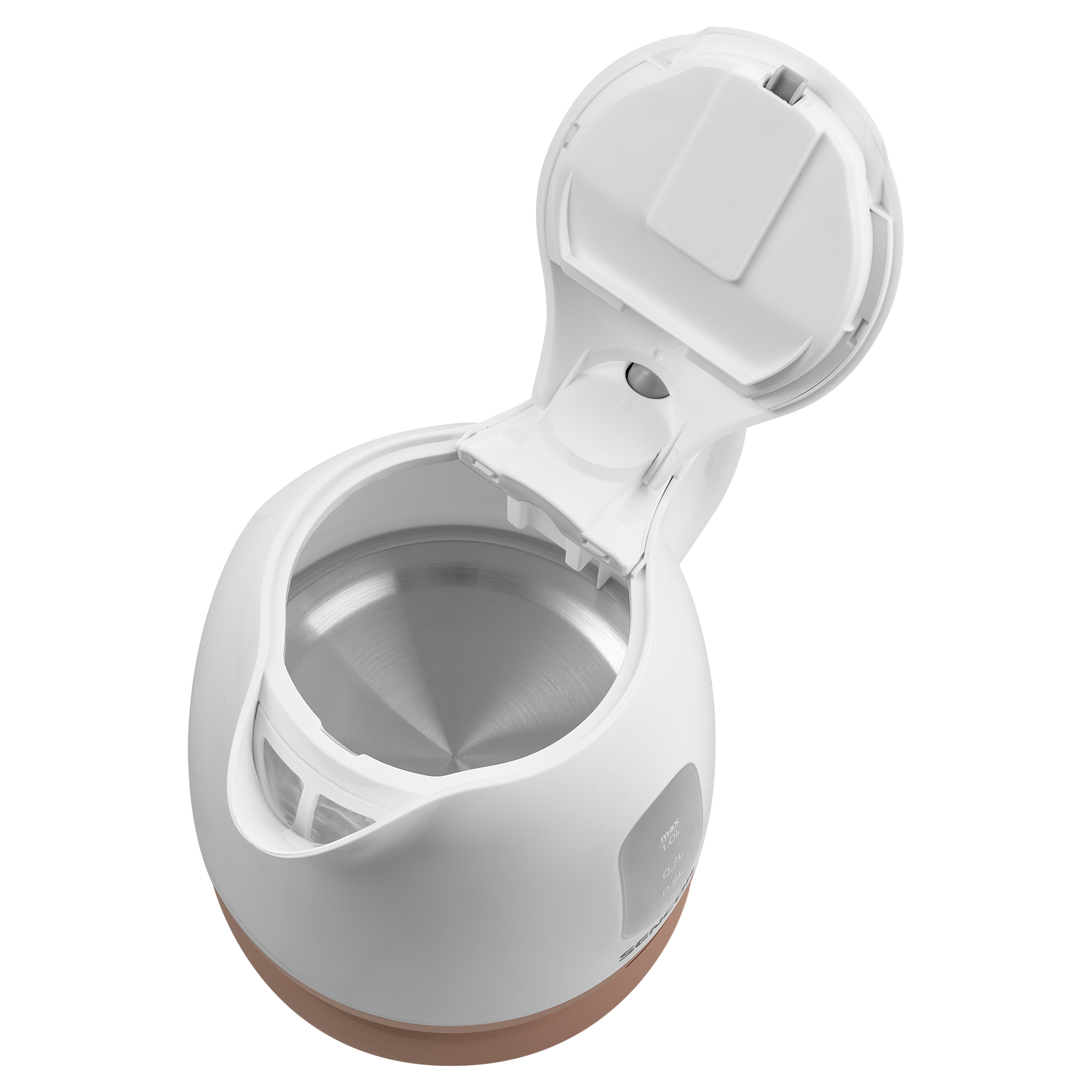 Pokrywa białego i beżowego czajnika elektrycznego jest otwarta. Widoczne wnętrze czajnika.