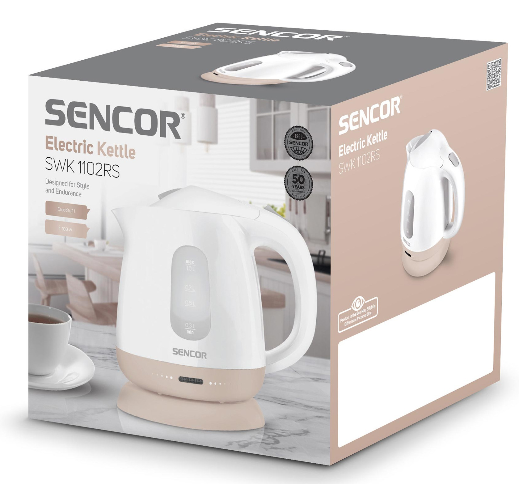 Opakowanie czajnika elektrycznego. Widoczna nazwa marki SENCOR.