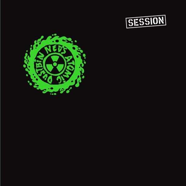Schwarzer Hintergrund mit einem grünen Atomsymbol-Logo und den Worten "Dustbin Neds Atomic Session".