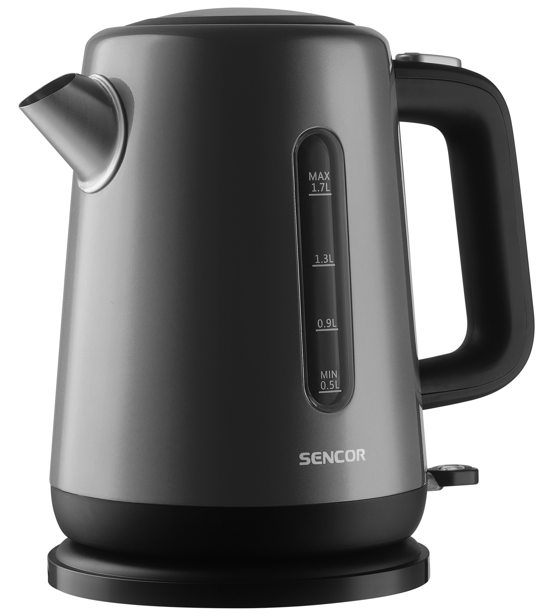 Srebrno-czarny czajnik elektryczny, czarna podstawa. Wskaźnik poziomu wody z boku.