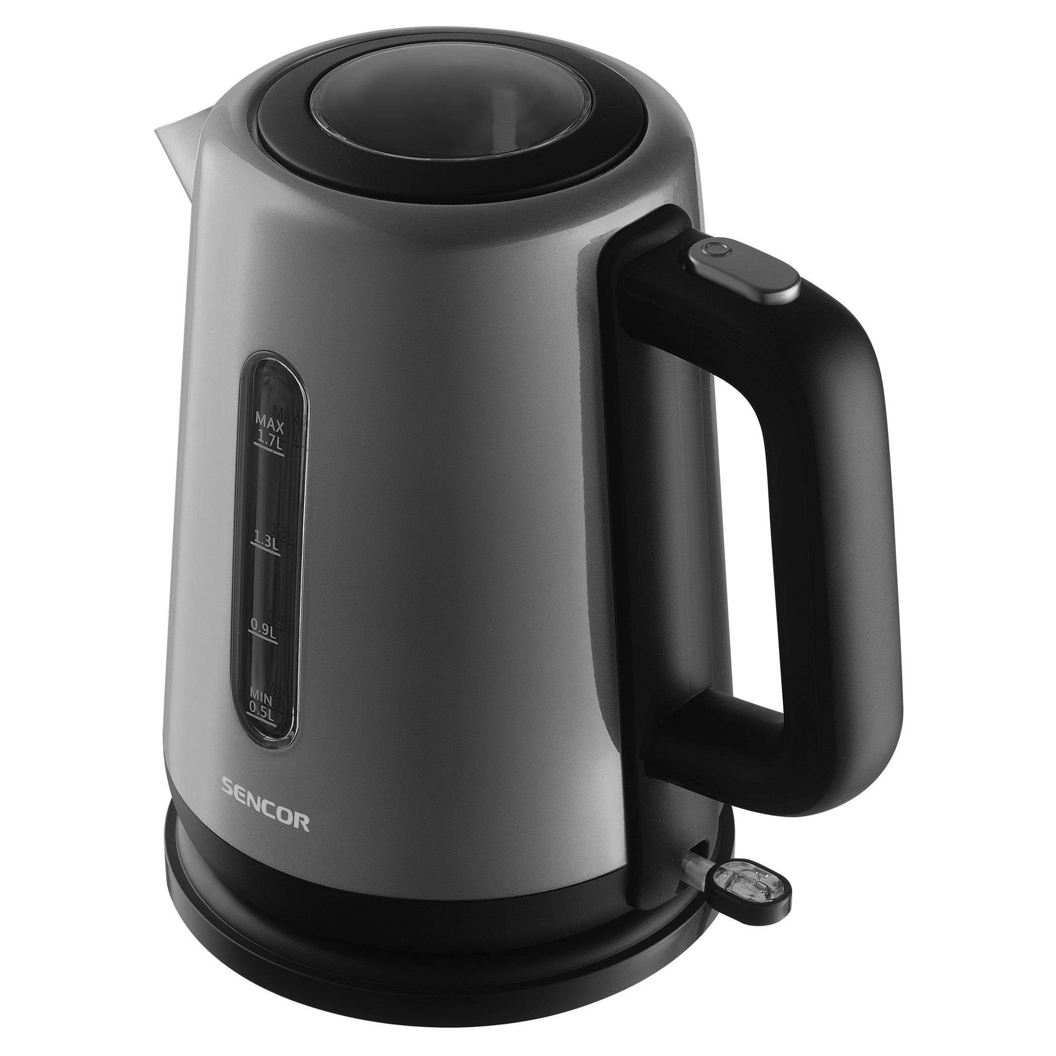 Szary czajnik elektryczny, czarny uchwyt i pokrywa. Wskaźnik poziomu wody, białe tło.