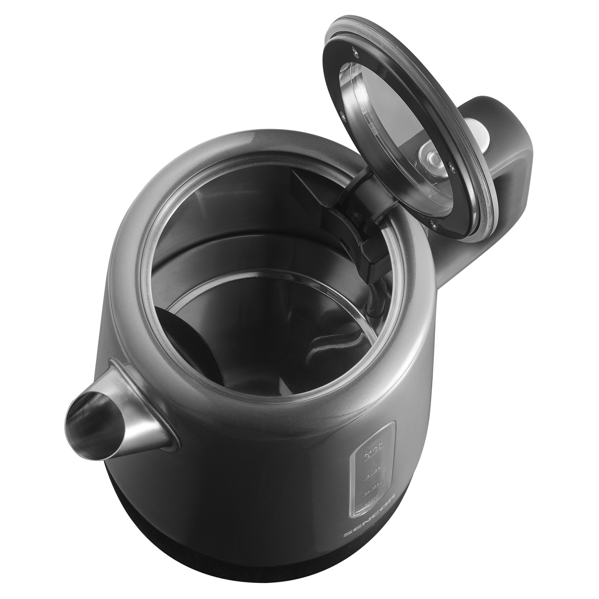 Czajnik elektryczny, otwarty, aby pokazać wnętrze. Pokrywa jest otwarta, białe tło.