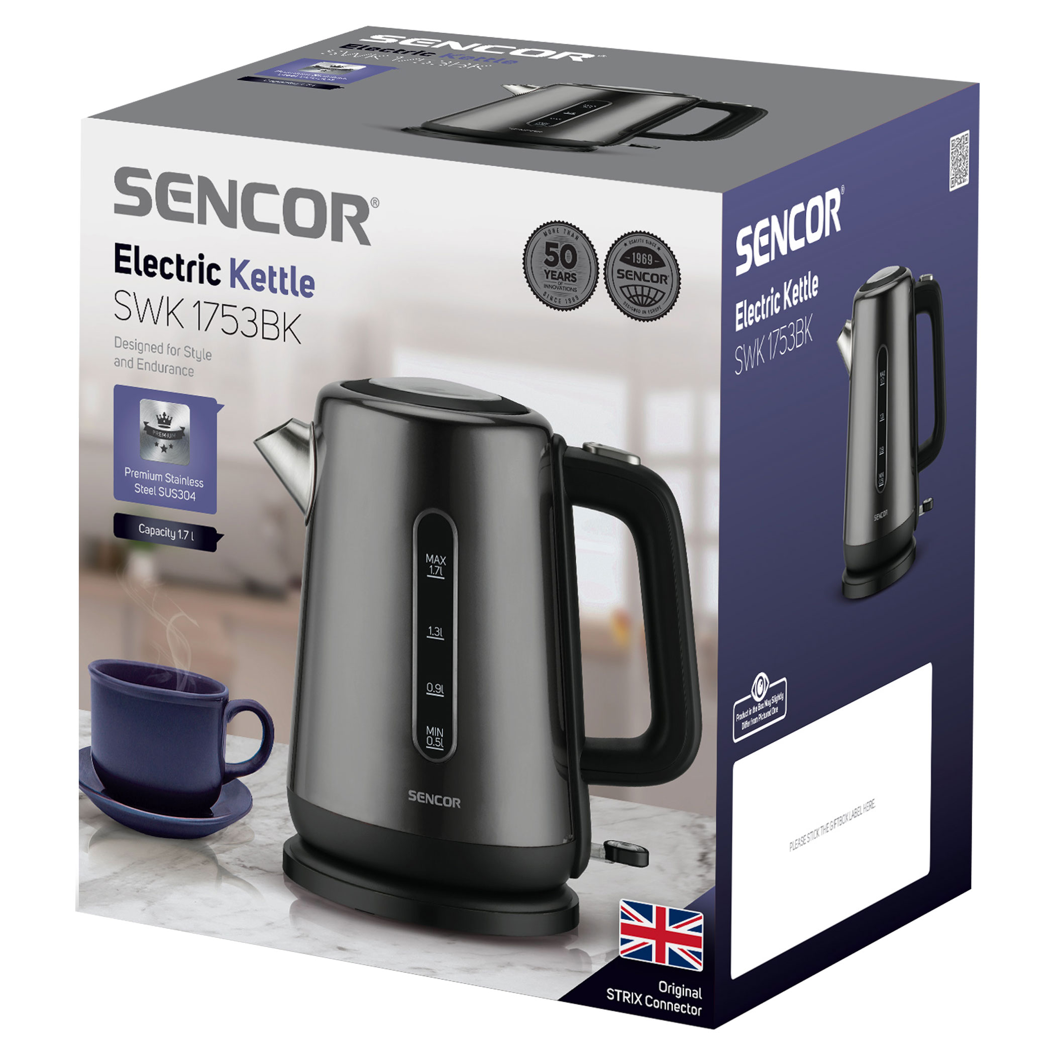 Pudełko z czarnym czajnikiem, filiżanką i logo. Tekst zawiera 'Electric Kettle' i 'SWK 1753BK'.