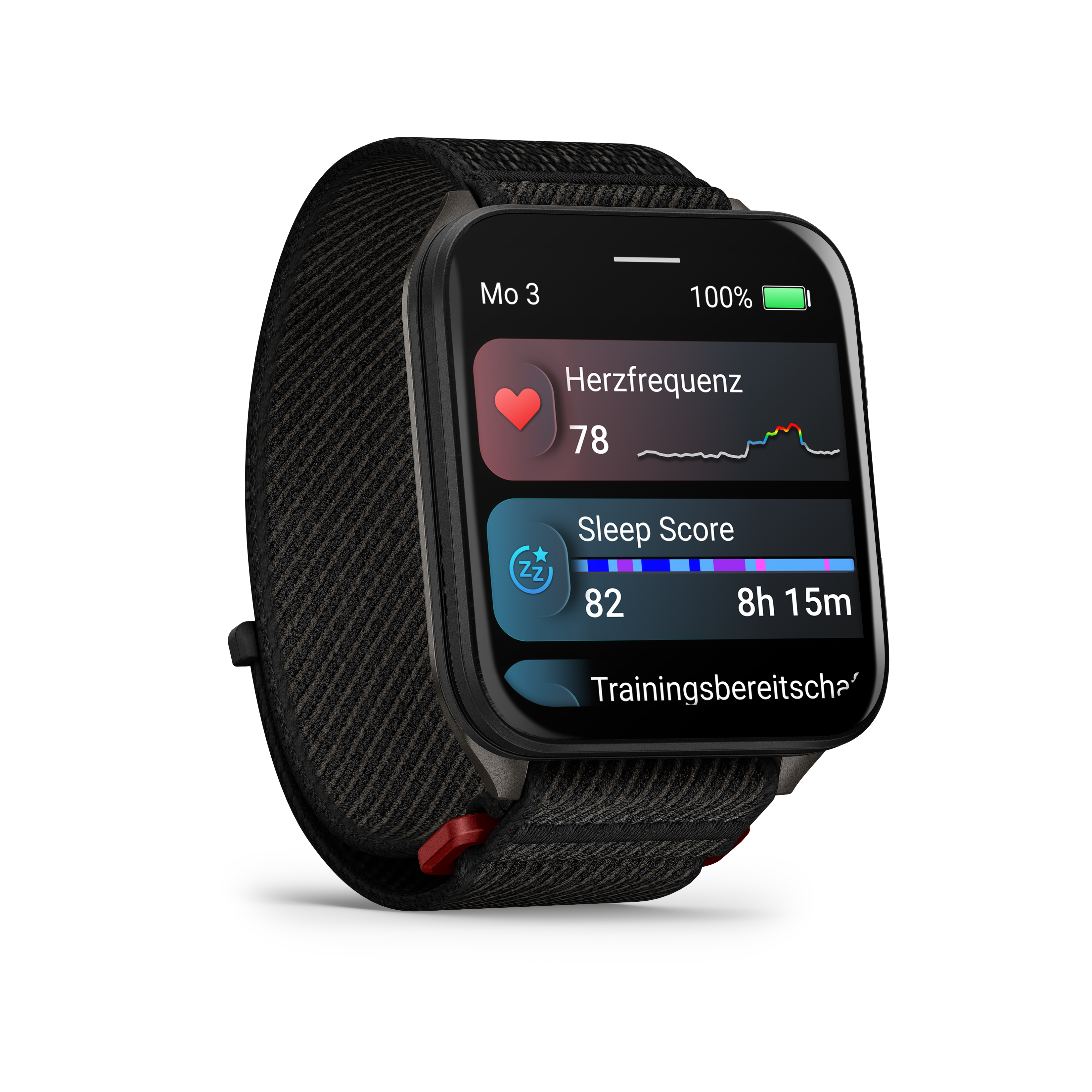 Garmin-Uhr mit angezeigten Gesundheitsdaten. Schwarze Uhr mit schwarzem Armband.