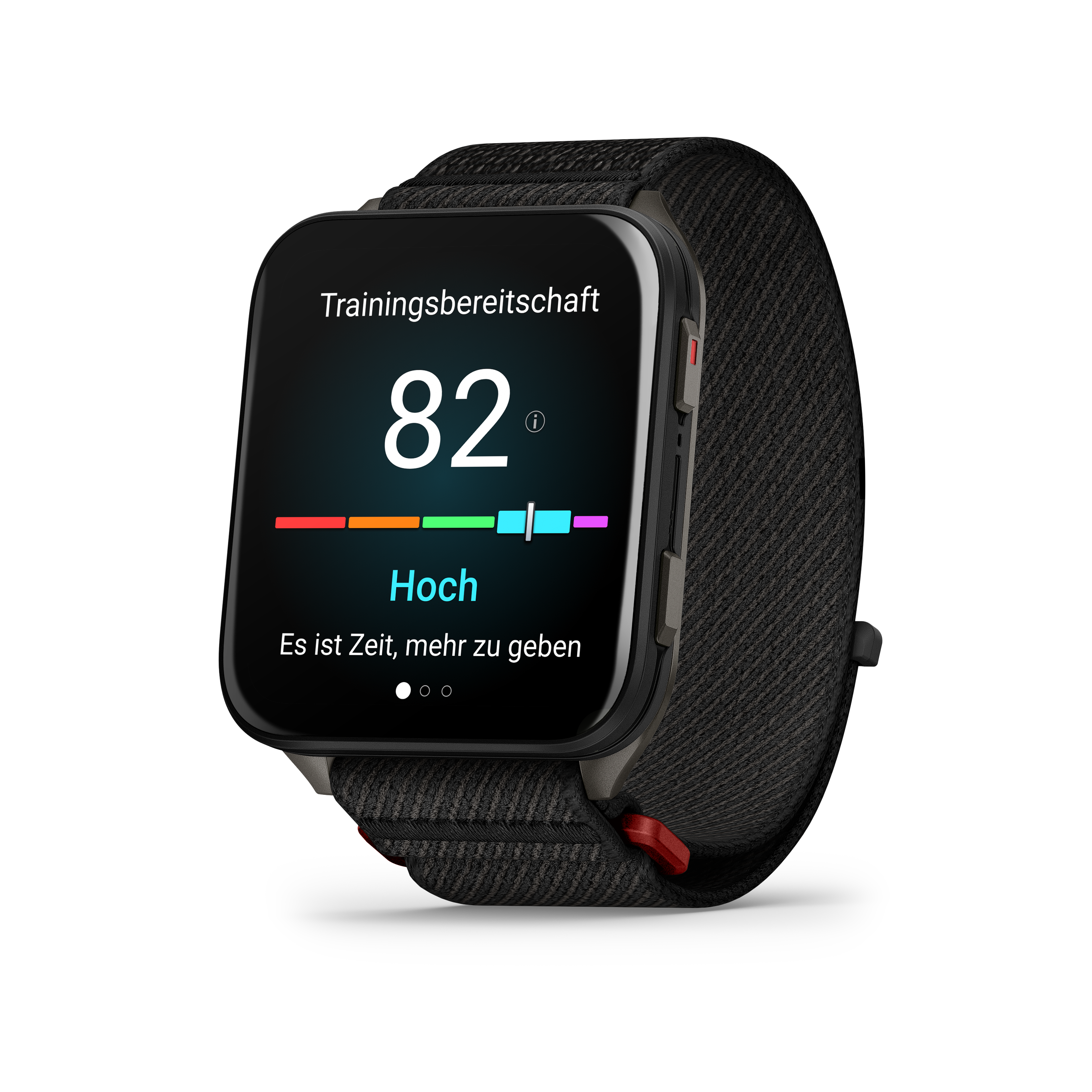 Garmin-Uhr, die die Trainingsbereitschaft anzeigt. Schwarze Uhr mit schwarzem Armband.