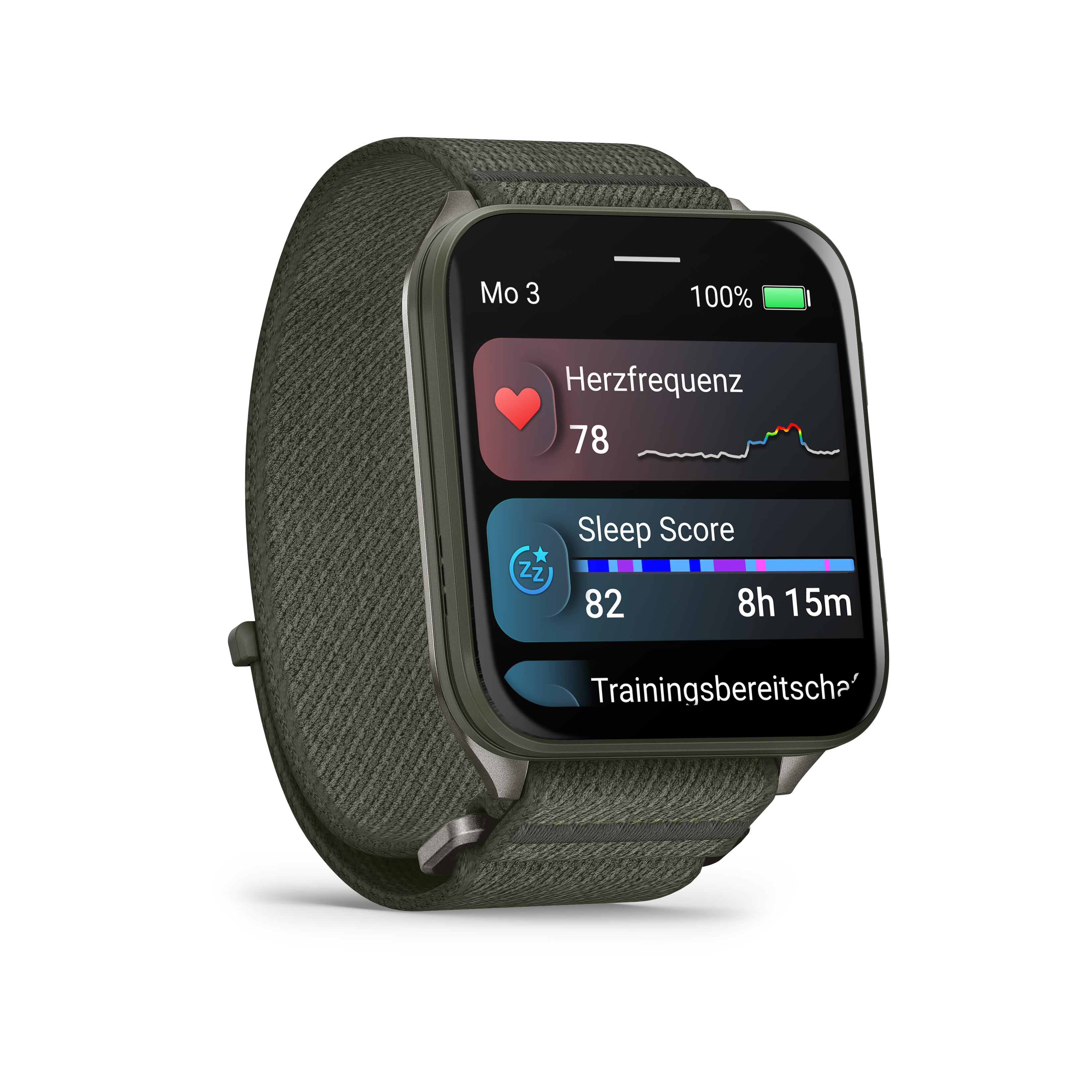Garmin-Uhr mit Gesundheitsdaten. Olivgrünes Armband. Schwarze Uhr.