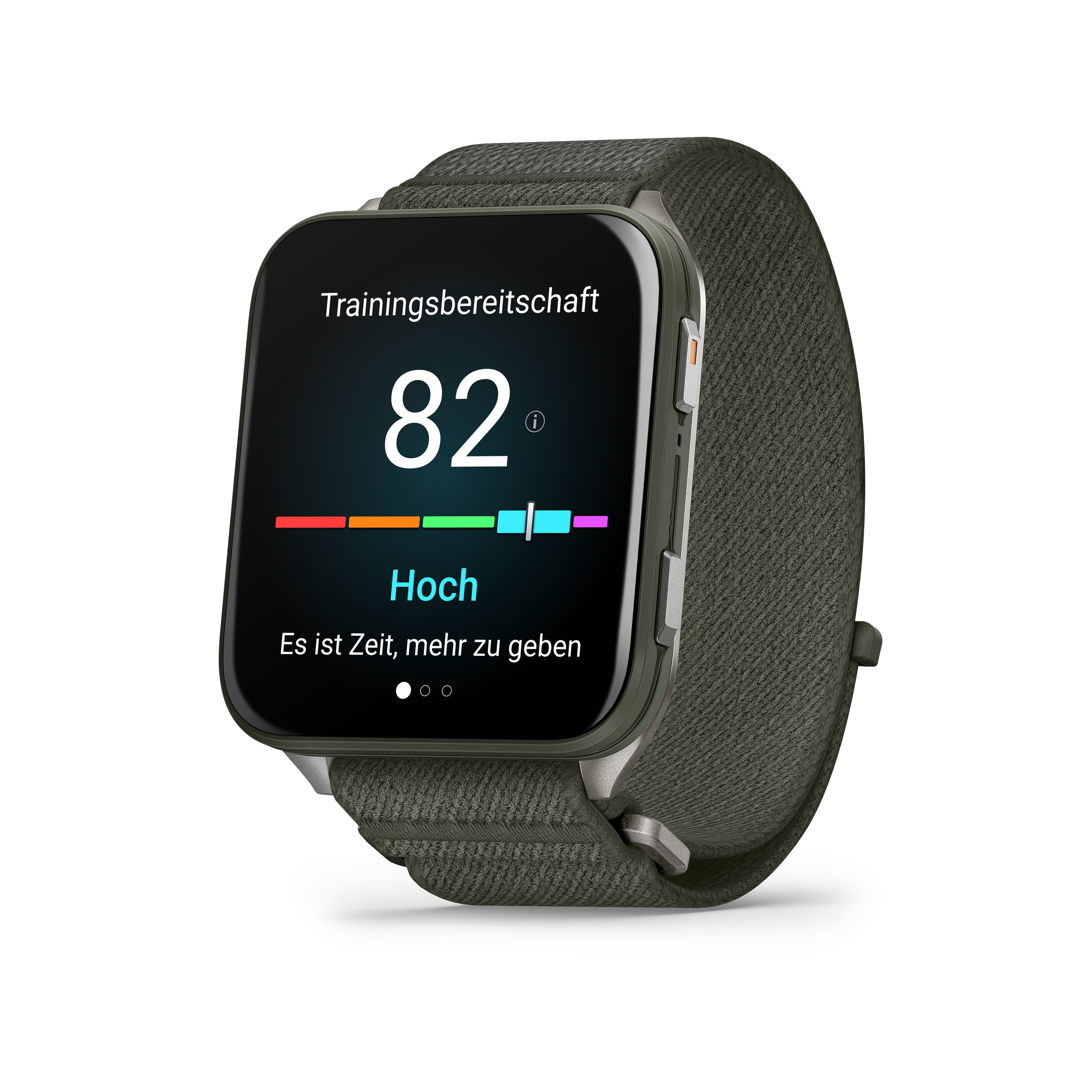 Garmin-Uhr, die die Trainingsbereitschaft anzeigt. Olivgrünes Armband. Schwarze Uhr.