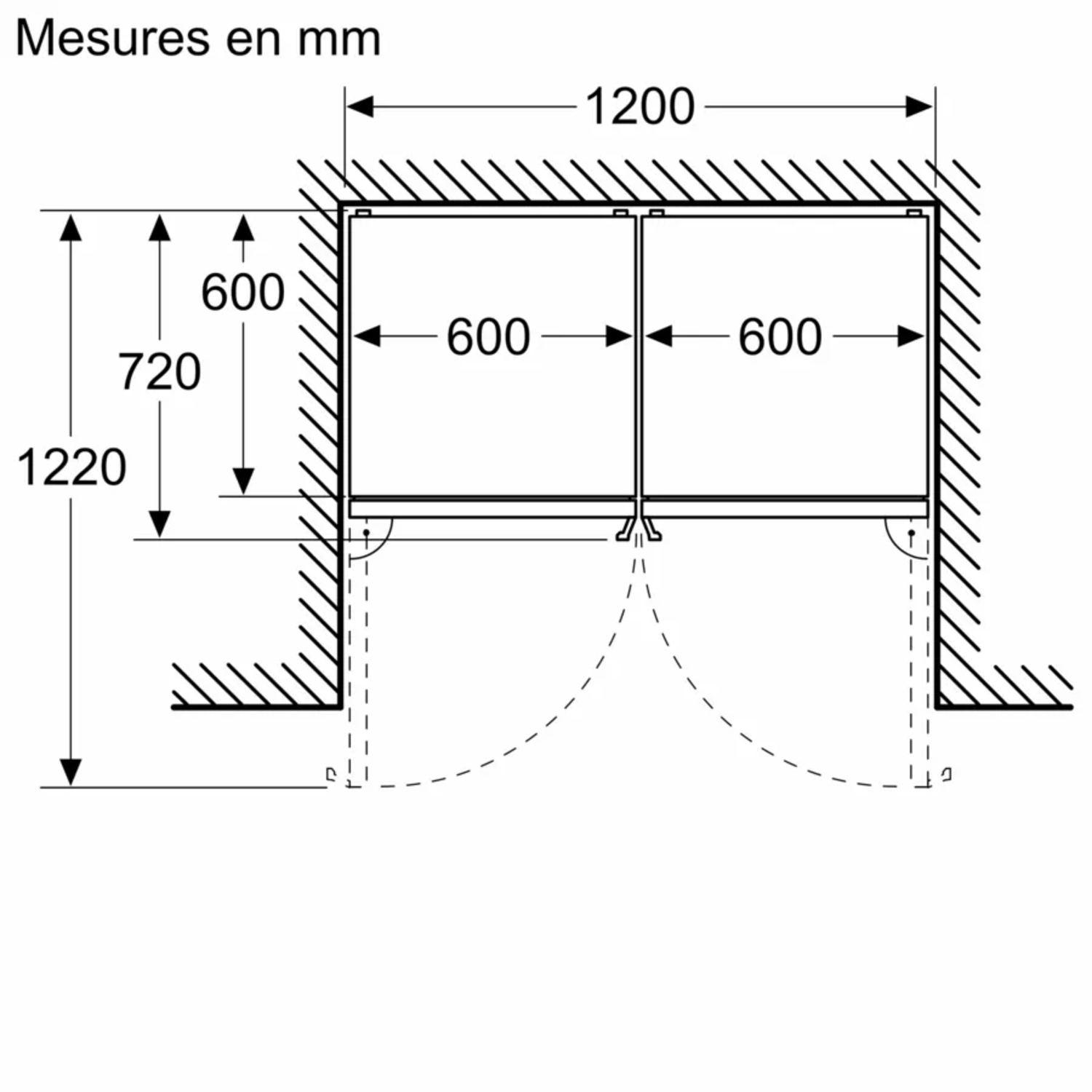 Diagram met afmetingen voor een koelkast met dubbele deur.
