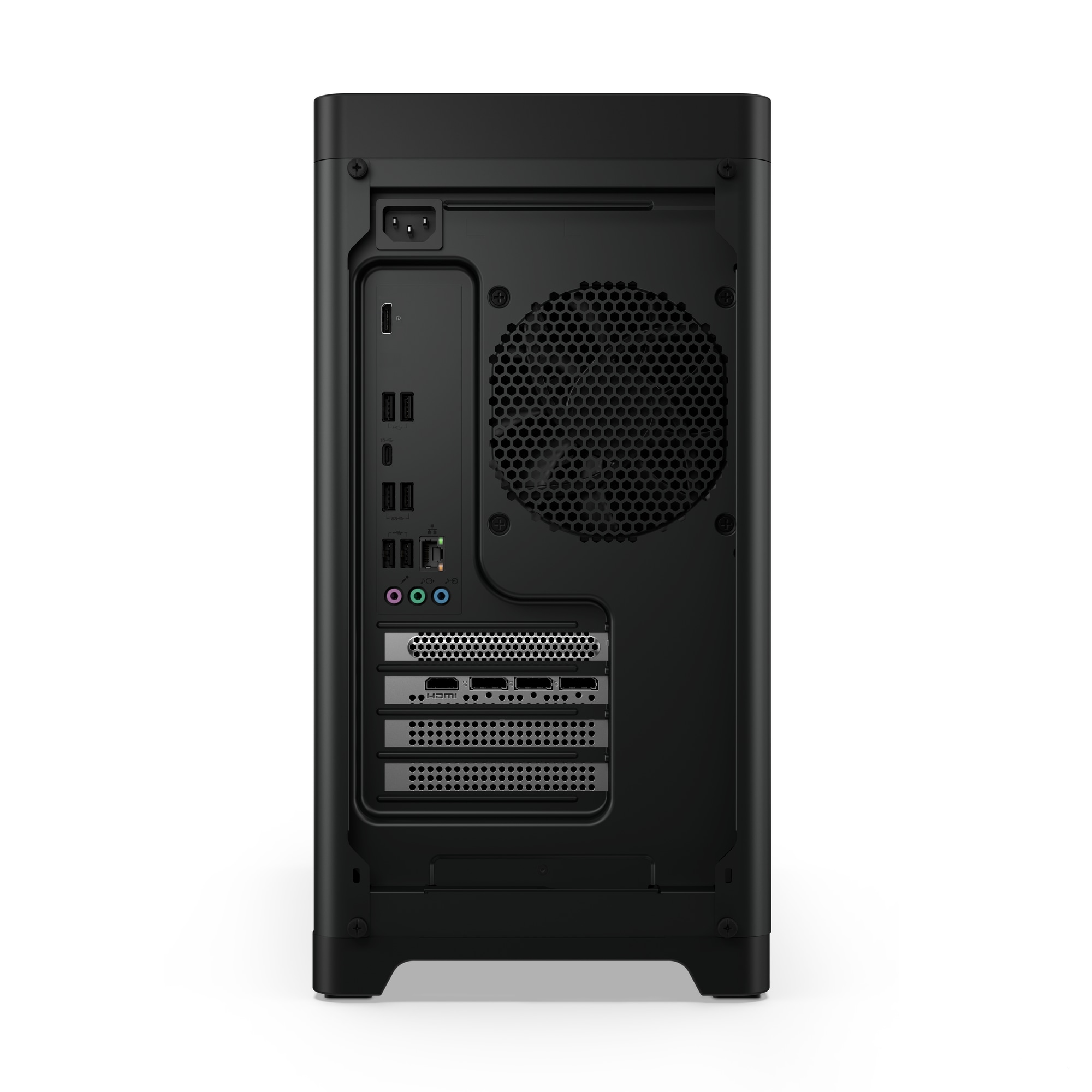 Schwarzer Lenovo Legion Desktop-Computer, Rückansicht. Anschlüsse und Lüfter sichtbar. Weißer Hintergrund.