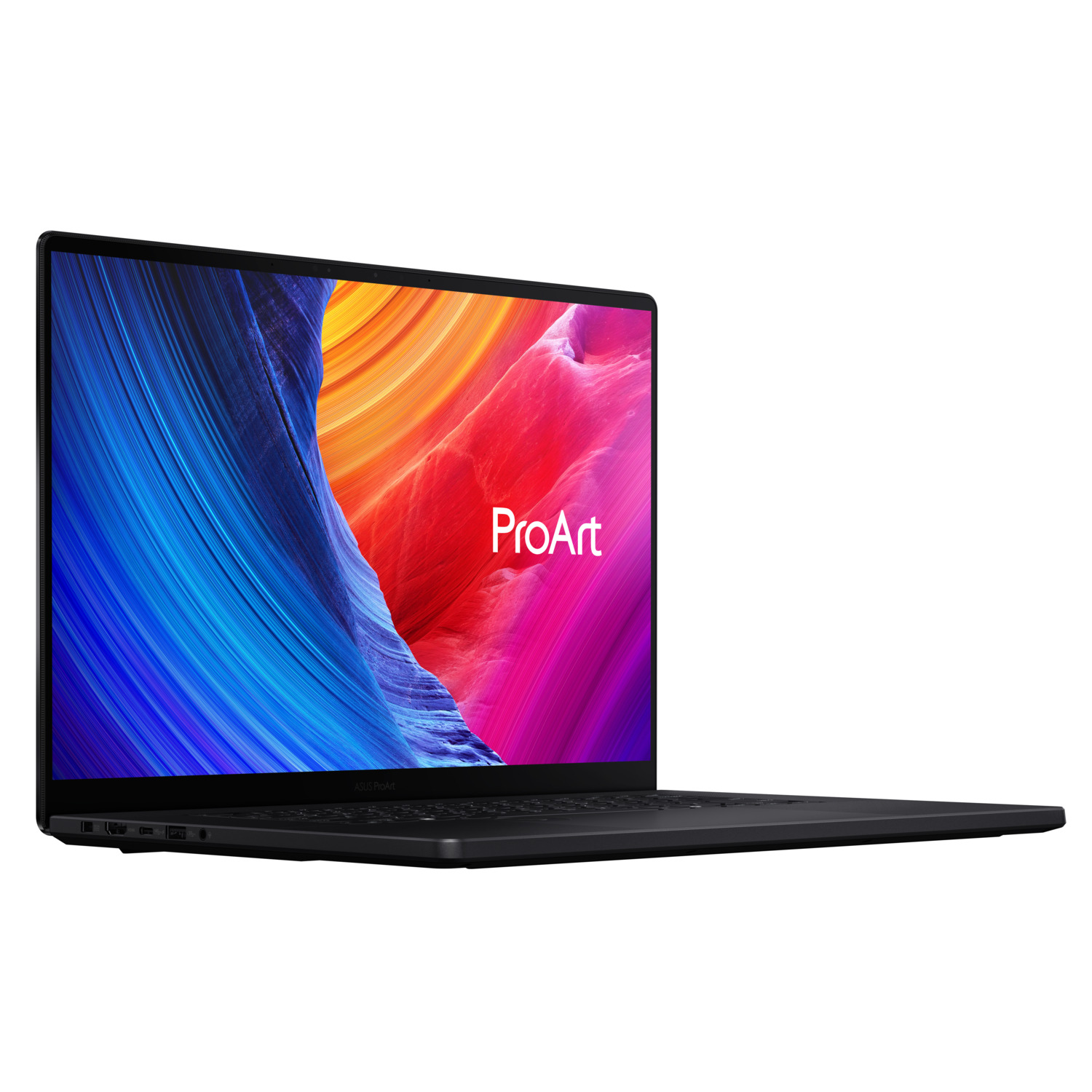 Ordinateur portable ASUS ProArt noir incliné sur fond blanc. L'écran affiche un dégradé coloré avec le logo ProArt.