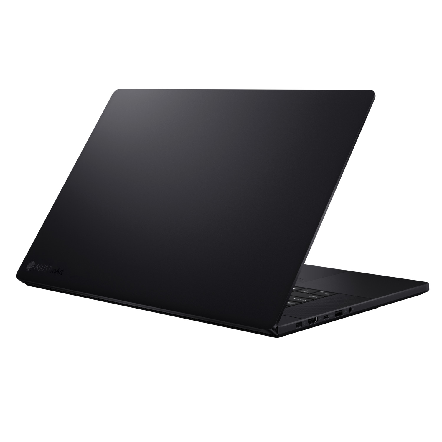 Vue arrière de l'ordinateur portable ASUS ProArt noir. Logo visible. Fond blanc.