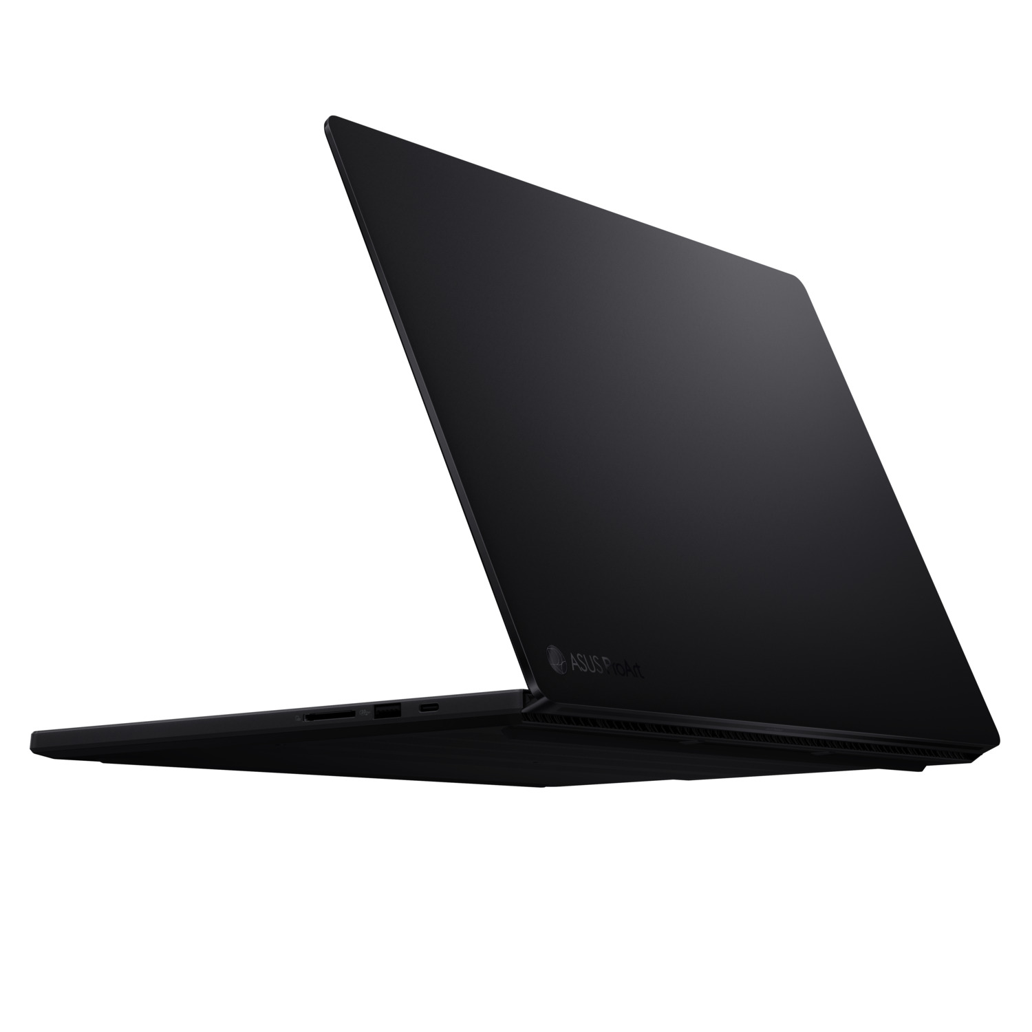 Vue arrière en angle de l'ordinateur portable ASUS ProArt noir sur fond blanc. Le logo est visible.