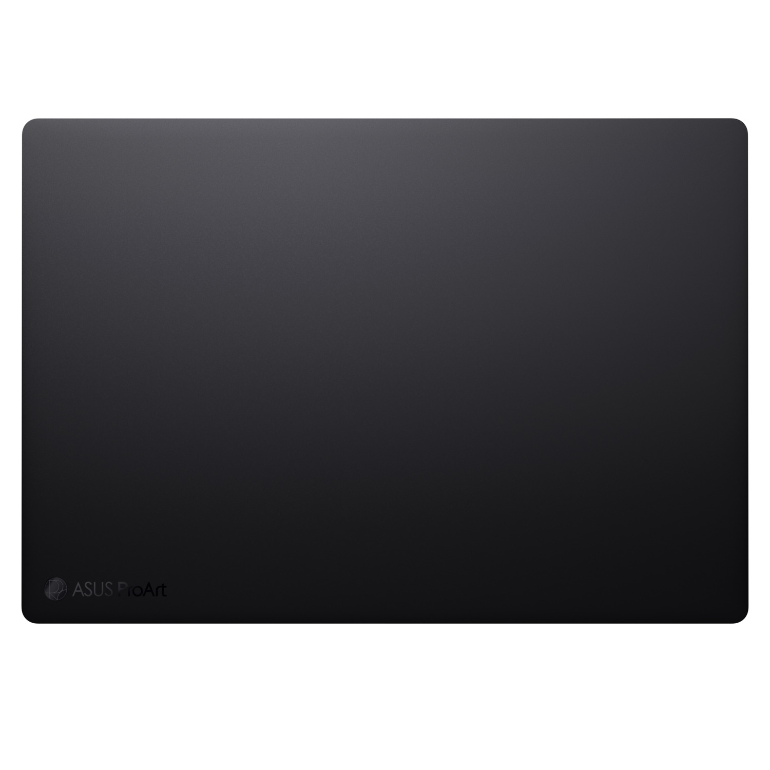 Cache arrière de l'ordinateur portable ASUS ProArt noir. Le logo est dans le coin inférieur gauche. Fond blanc.