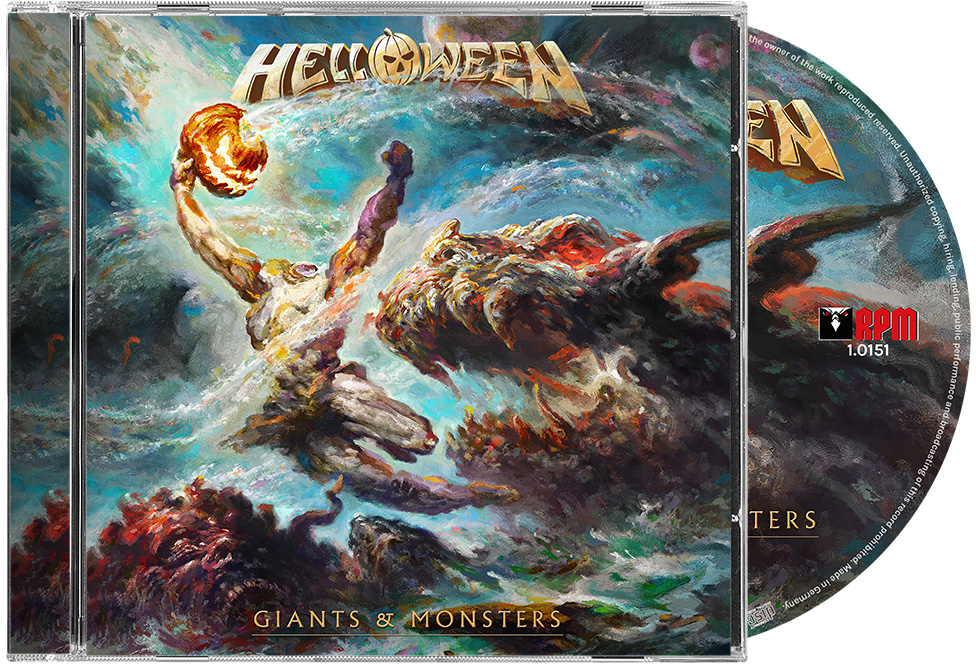 Album borító: Helloween, Giants & Monsters. Férfi tökkel, szörny, CD tok.
