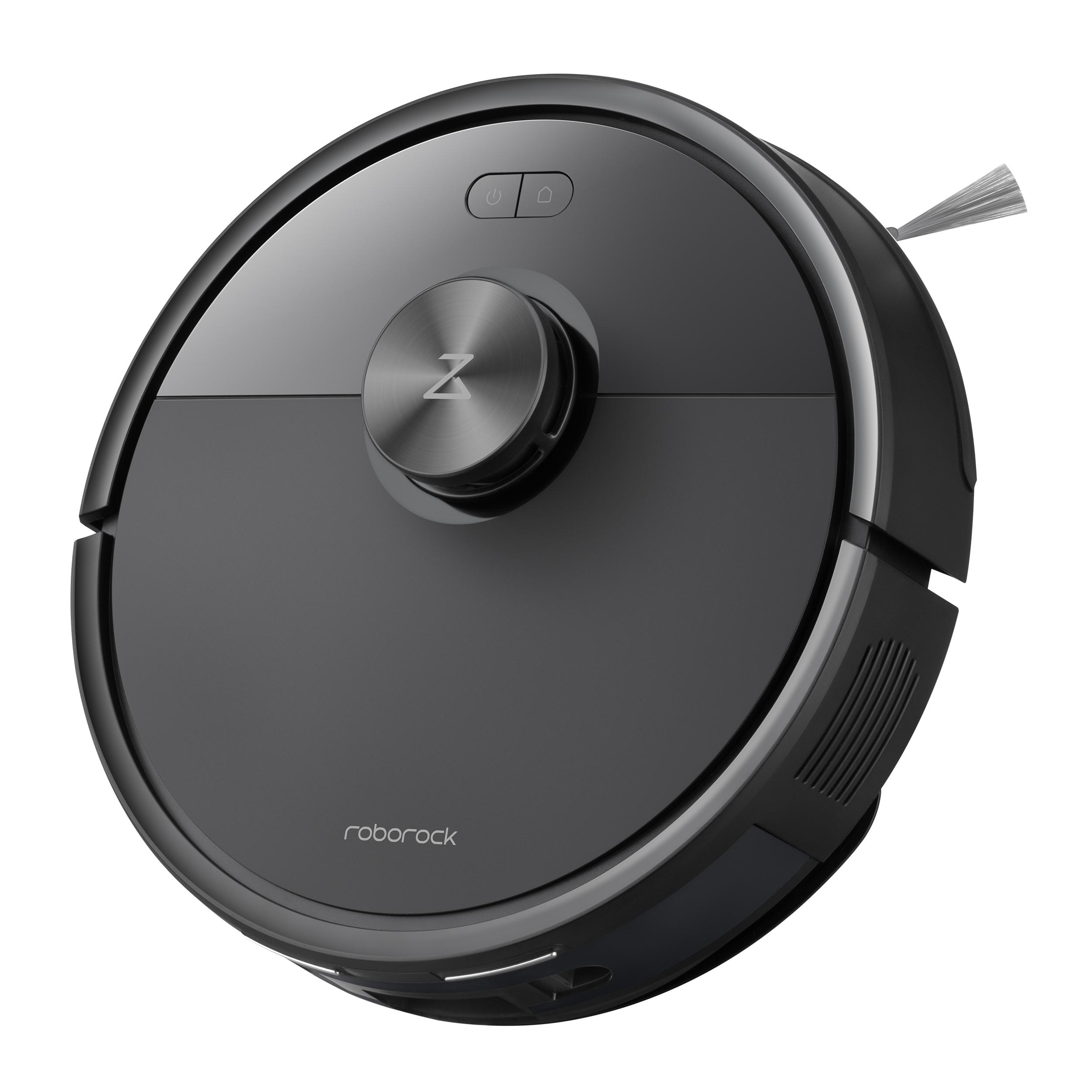 Ein dunkelgrauer Roborock-Roboterstaubsauger. Er verfügt über eine Ein-/Aus-Taste, eine Home-Taste und ein zentrales Modul mit dem Roborock-Logo.