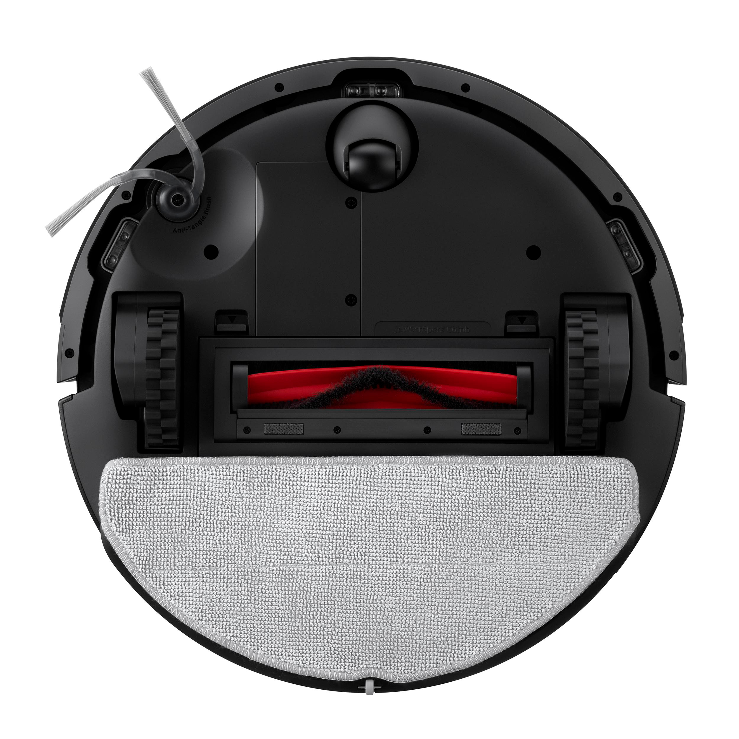 Unterseite des Roboter-Staubsaugers: Schwarzer Körper, rote Bürste, grauer Wischmopp, Räder und Seitenbürste. Isoliert auf Weiß.