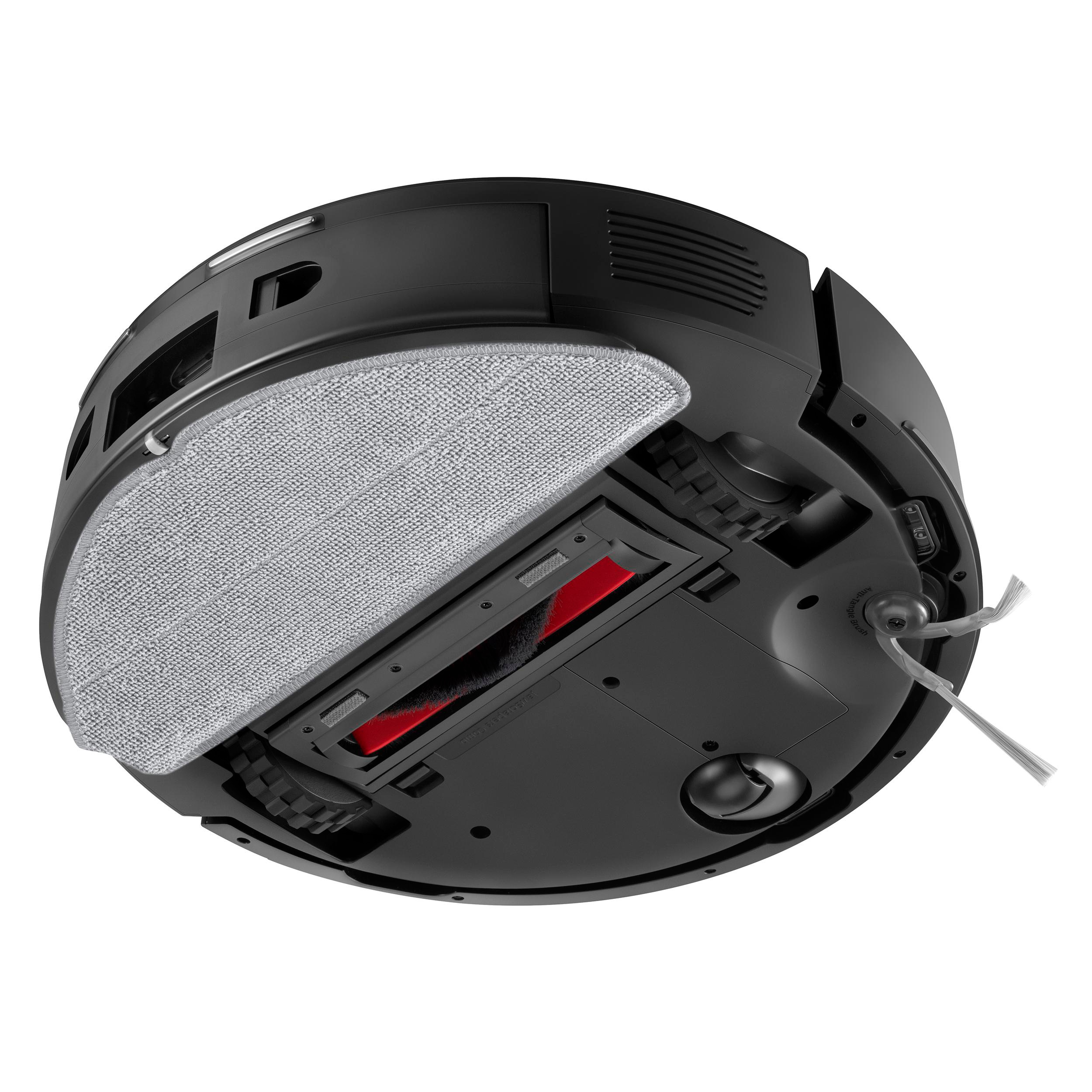 Schwarzer Roboter-Staubsauger mit grauem Wischmopp und roter Bürste. Die Unterseite des Geräts ist sichtbar.