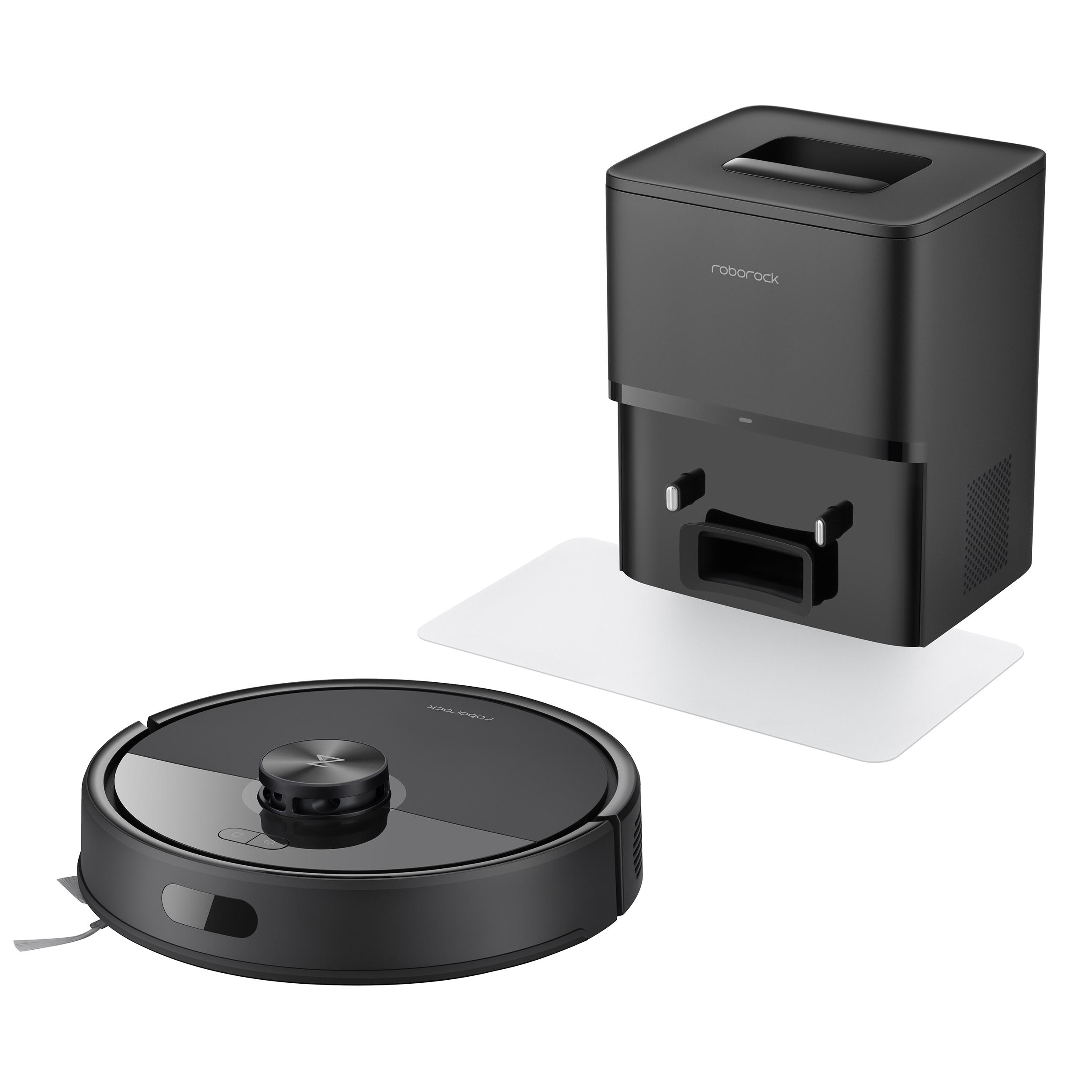 Schwarzer Roboter-Staubsauger und Ladestation auf weißem Grund. Der Staubsauger hat eine runde Form.