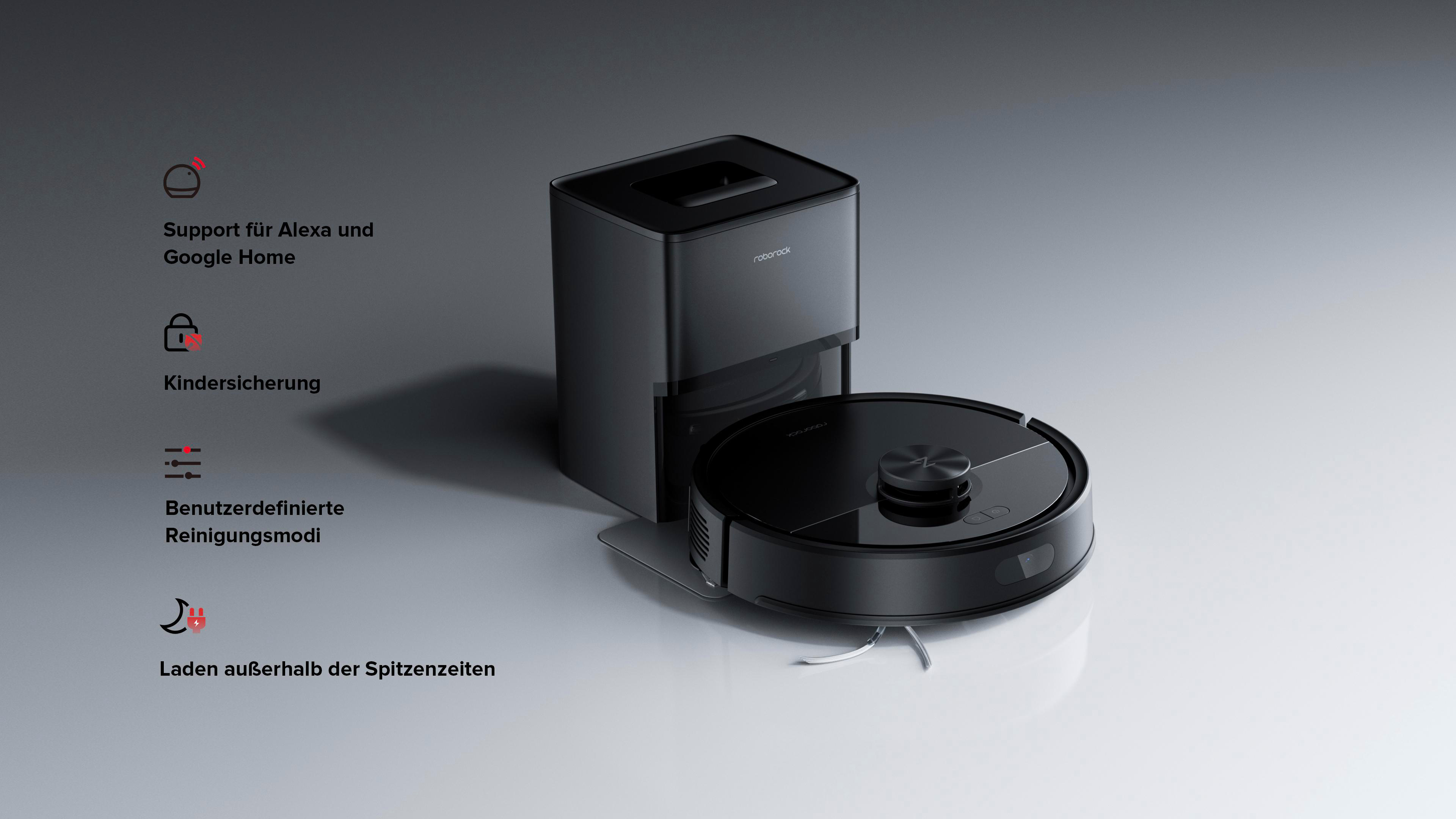 Schwarzer Roboter-Staubsauger mit Ladestation auf grauem Hintergrund.