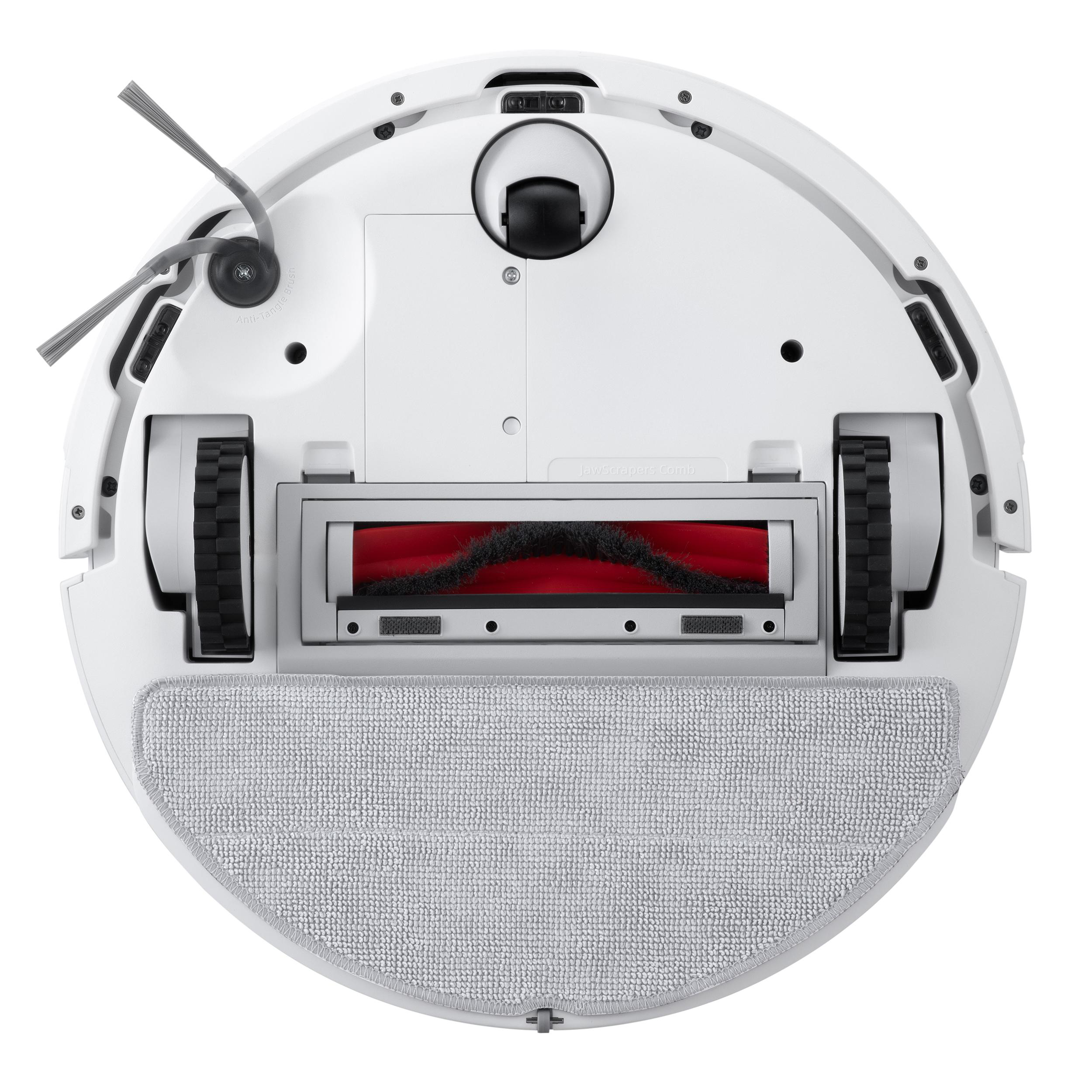 Unterseite des weißen Roboter-Staubsaugers mit Bürsten, Rädern und Wischer.